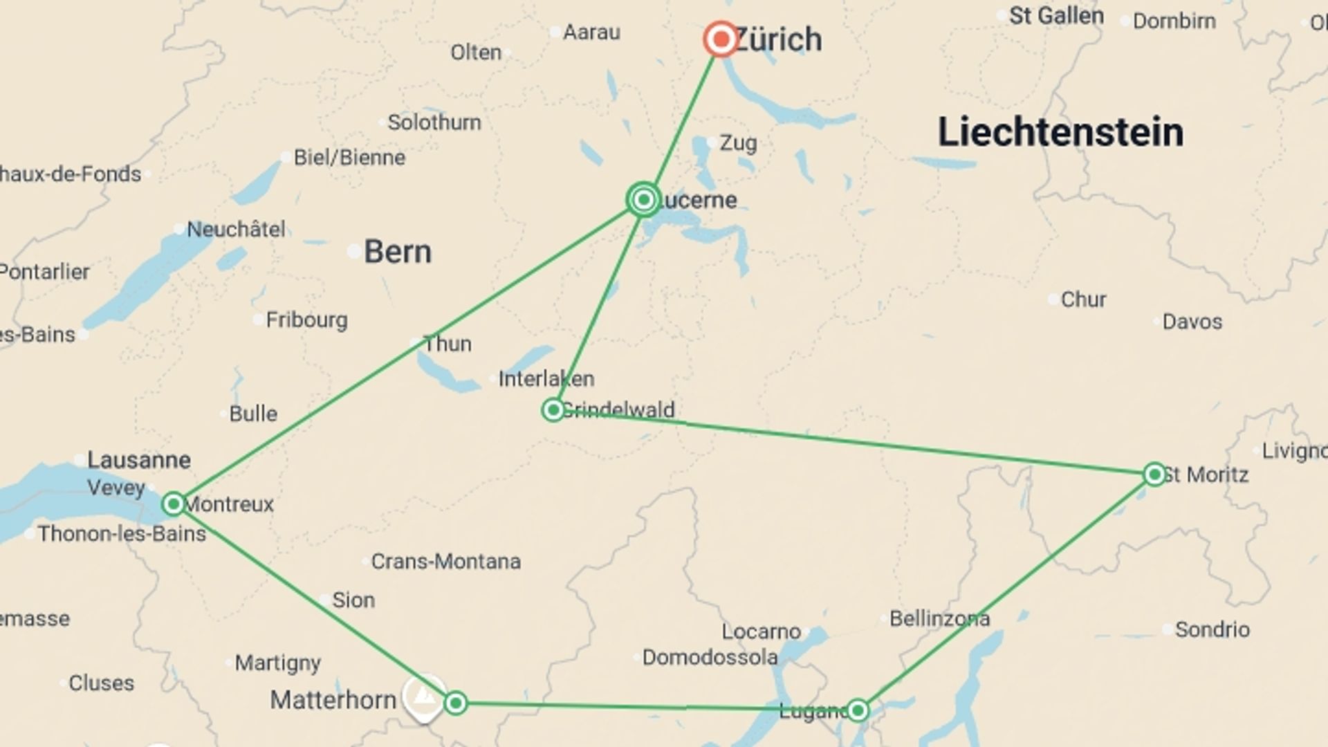 A map showing the tour itinerary for the trip: Country Roads of Switzerland - Small Group, starting in Zurich, Switzerland and ending in Zurich, Switzerland going through 5 other destinations.