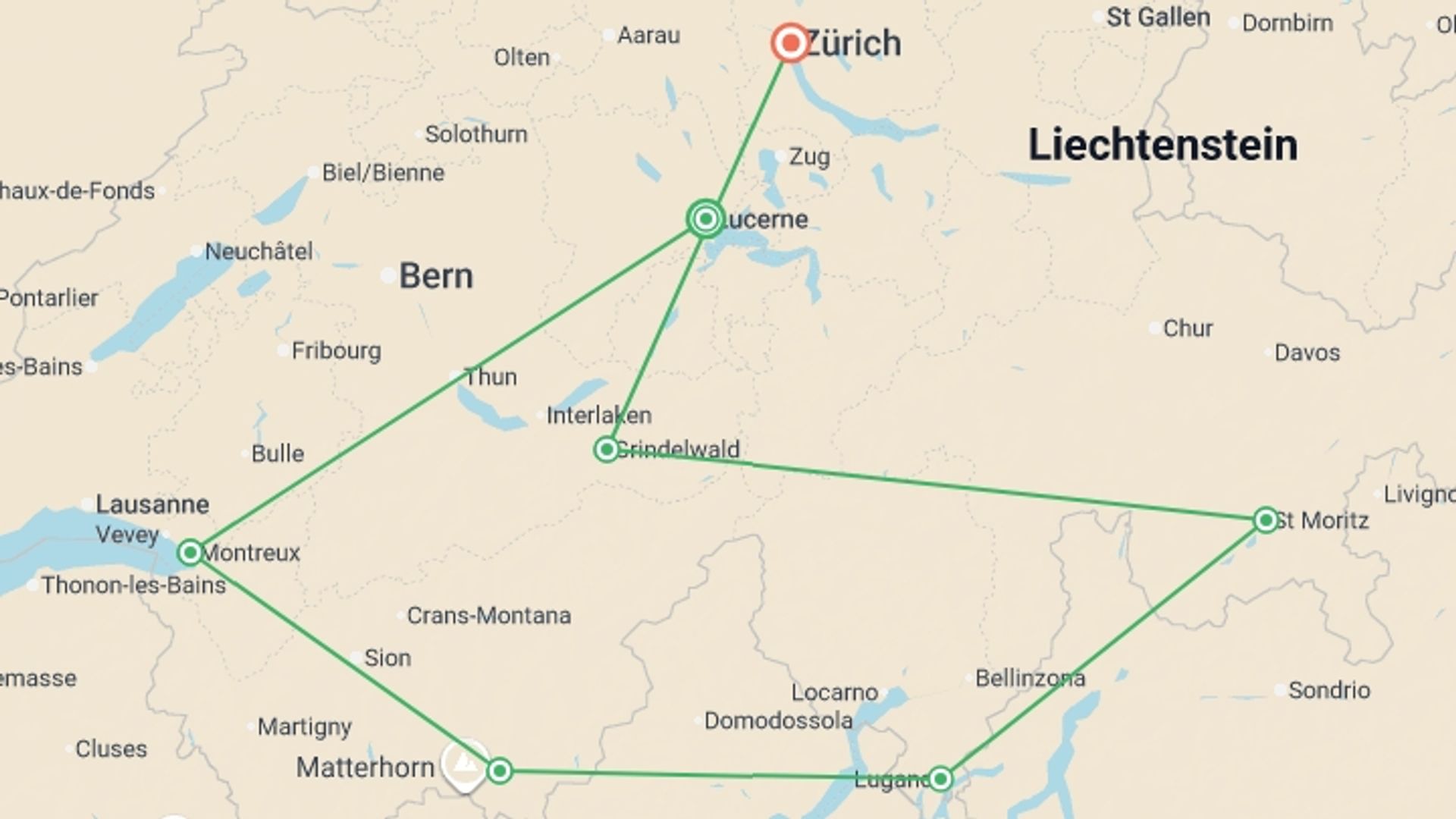 A map showing the tour itinerary for the trip: Country Roads of Switzerland - Small Group, starting in Zurich, Switzerland and ending in Zurich, Switzerland going through 5 other destinations.