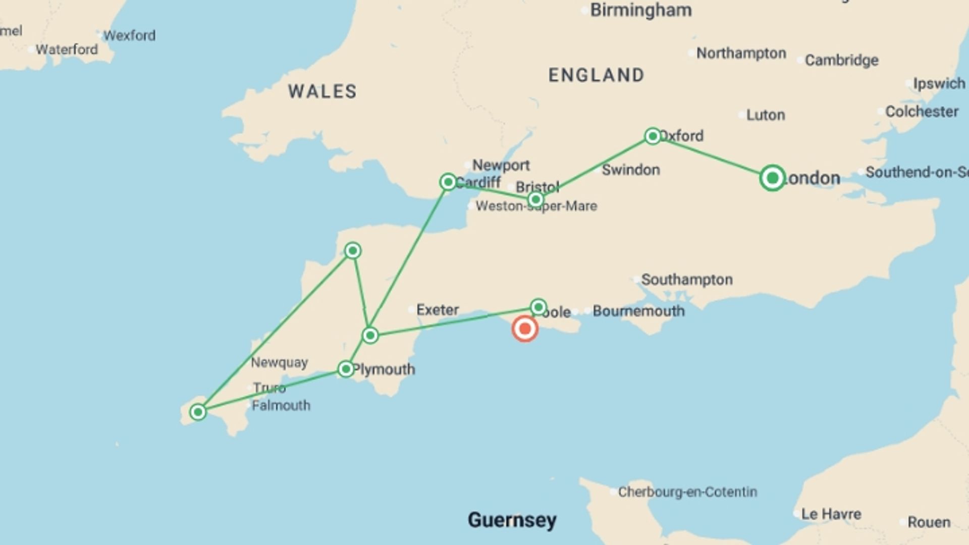 A map showing the tour itinerary for the trip: Country Roads of Wales, Devon & Cornwall, starting in London, England and ending in London, England going through 6 other destinations.