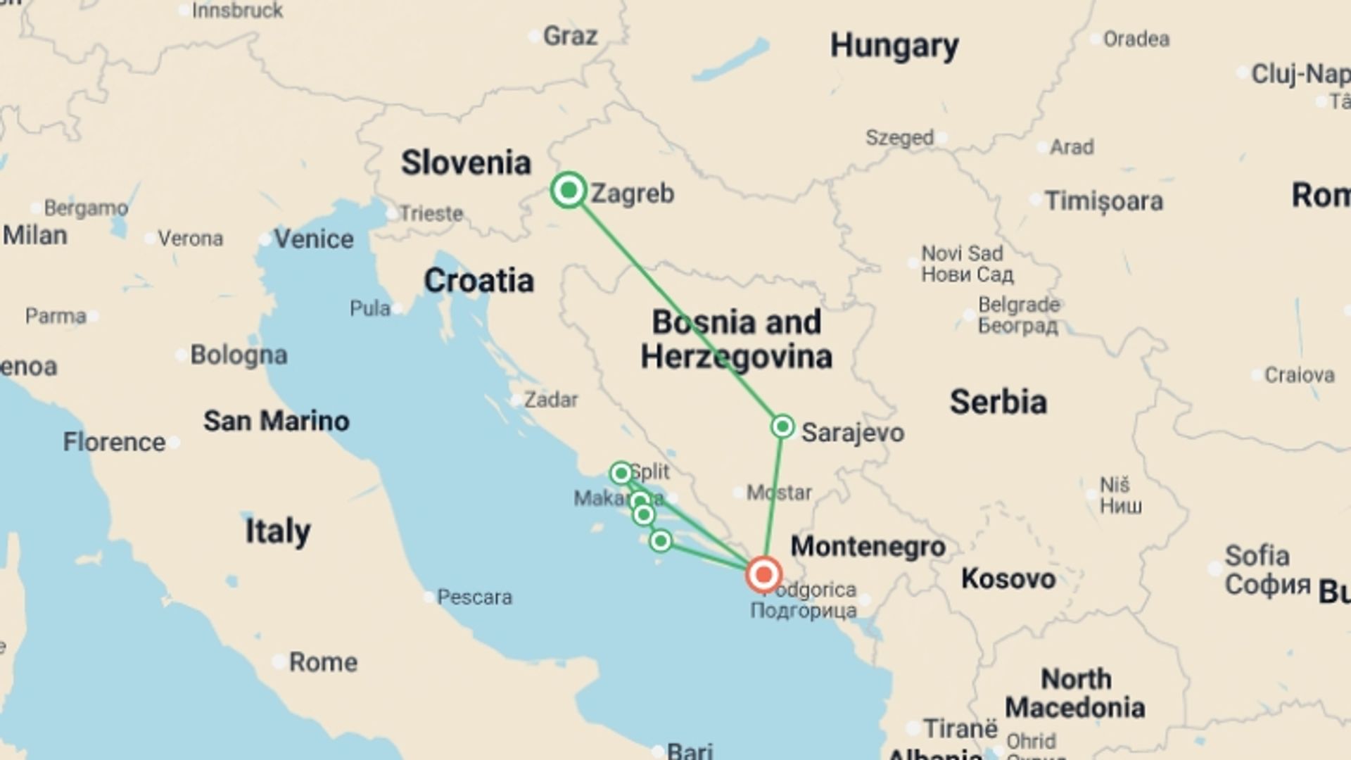 A map showing the tour itinerary for the trip: Croatia and the Islands of the Dalmatian Coast, starting in Zagreb, Croatia and ending in Dubrovnik, Croatia going through 5 other destinations.