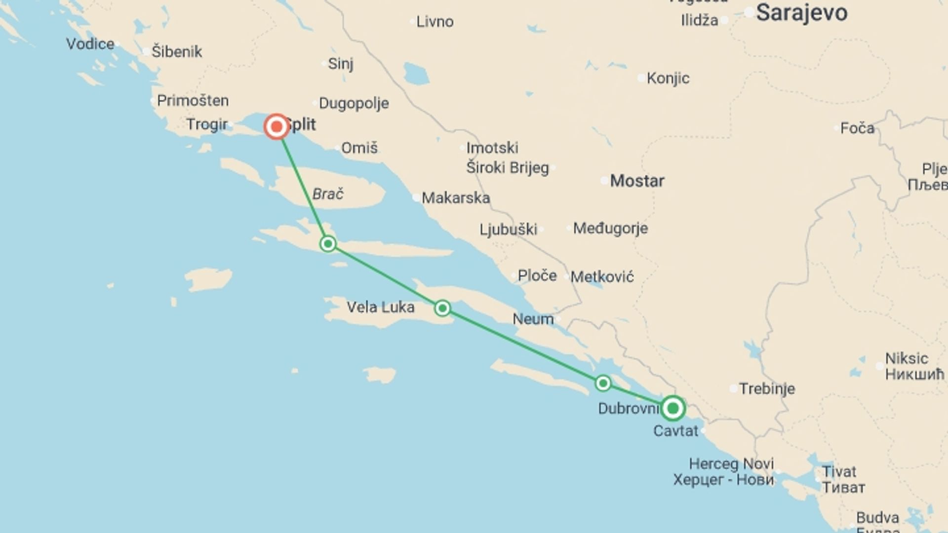 A map showing the tour itinerary for the trip: Croatia Island Express (Premium Plus) - 6 Days, starting in Dubrovnik, Croatia and ending in Split, Croatia going through 4 other destinations.