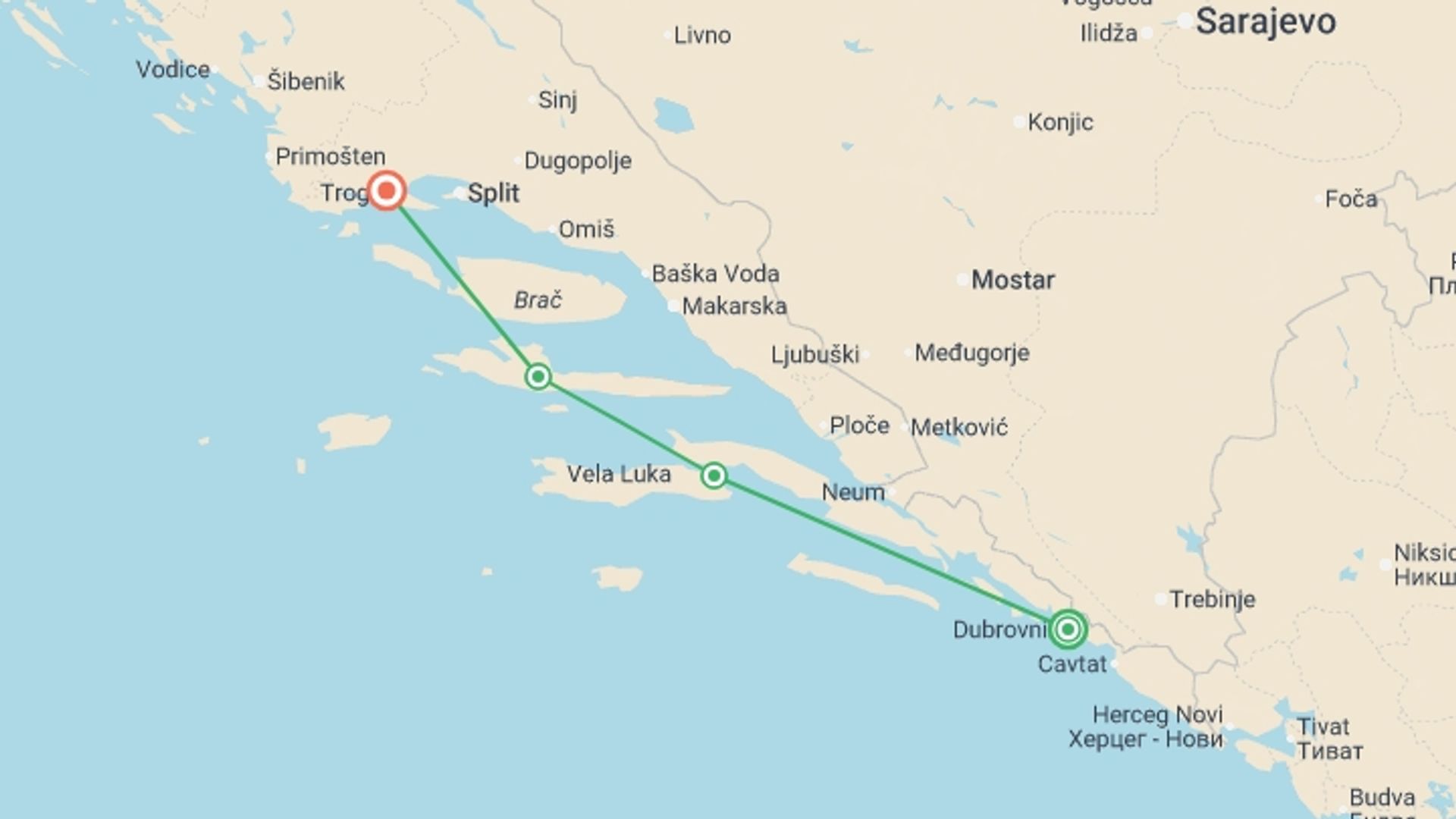 A map showing the tour itinerary for the trip: Croatia: Walking & Island-Hopping Along the Dalmatian Coast, starting in Dubrovnik, Croatia and ending in Trogir, Croatia going through 3 other destinations.
