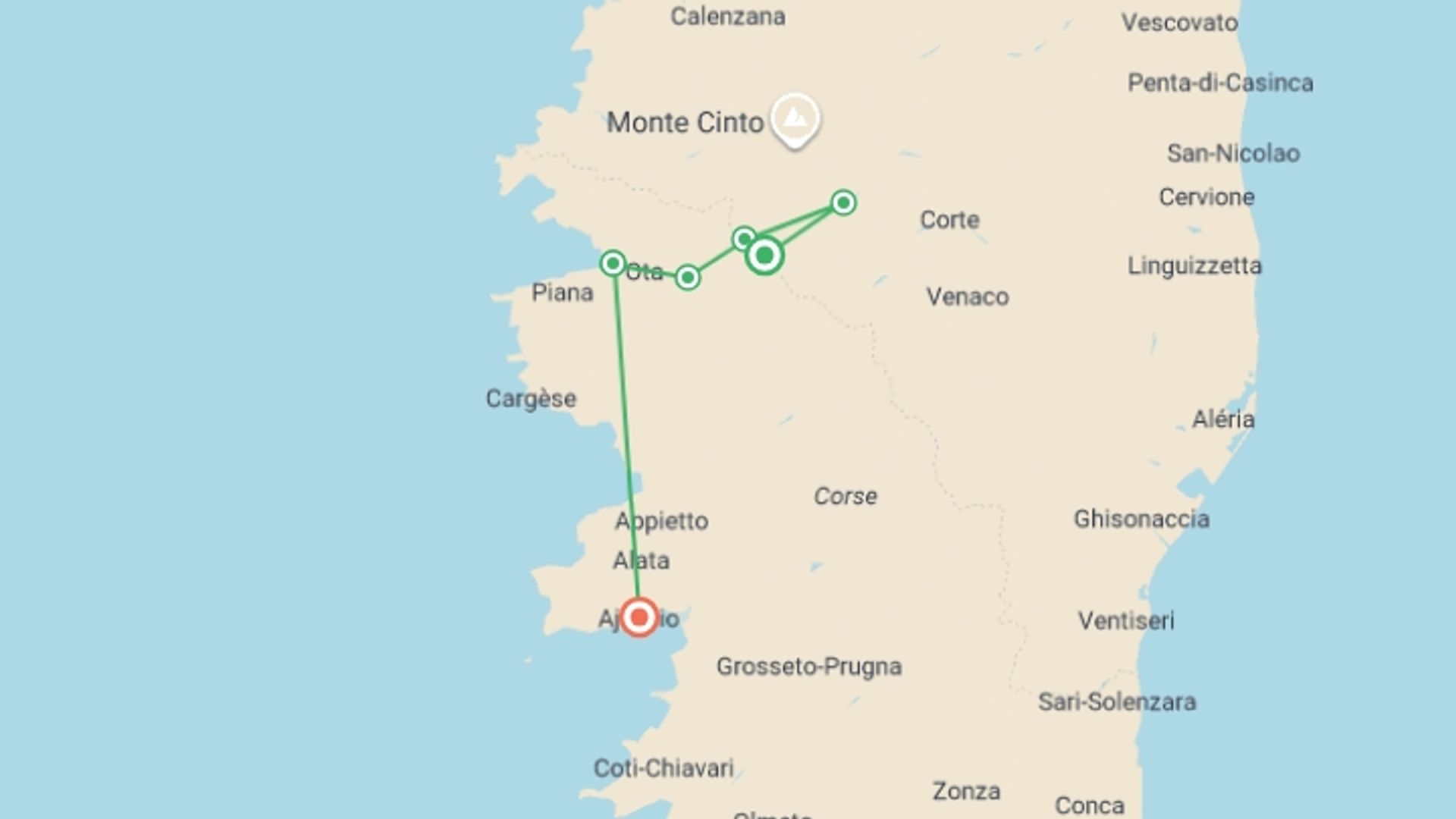 A map showing the tour itinerary for the trip: Crossing Corsica, starting in Corsica, France and ending in Corsica, France going through 2 other destinations.