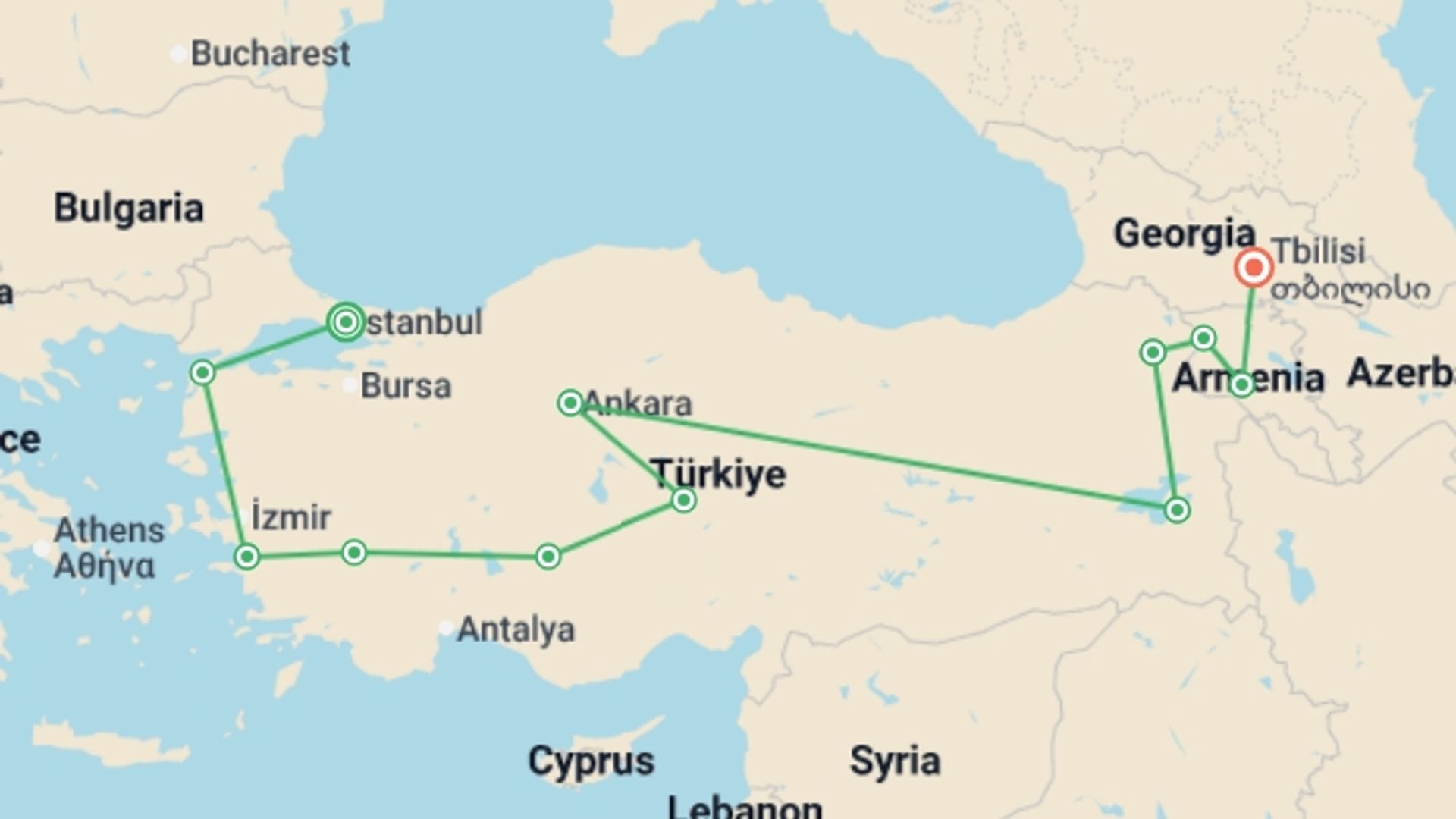 A map showing the tour itinerary for the trip: Crossroads of Empire, starting in Istanbul, Turkey and ending in Tbilisi, Georgia going through 8 other destinations.