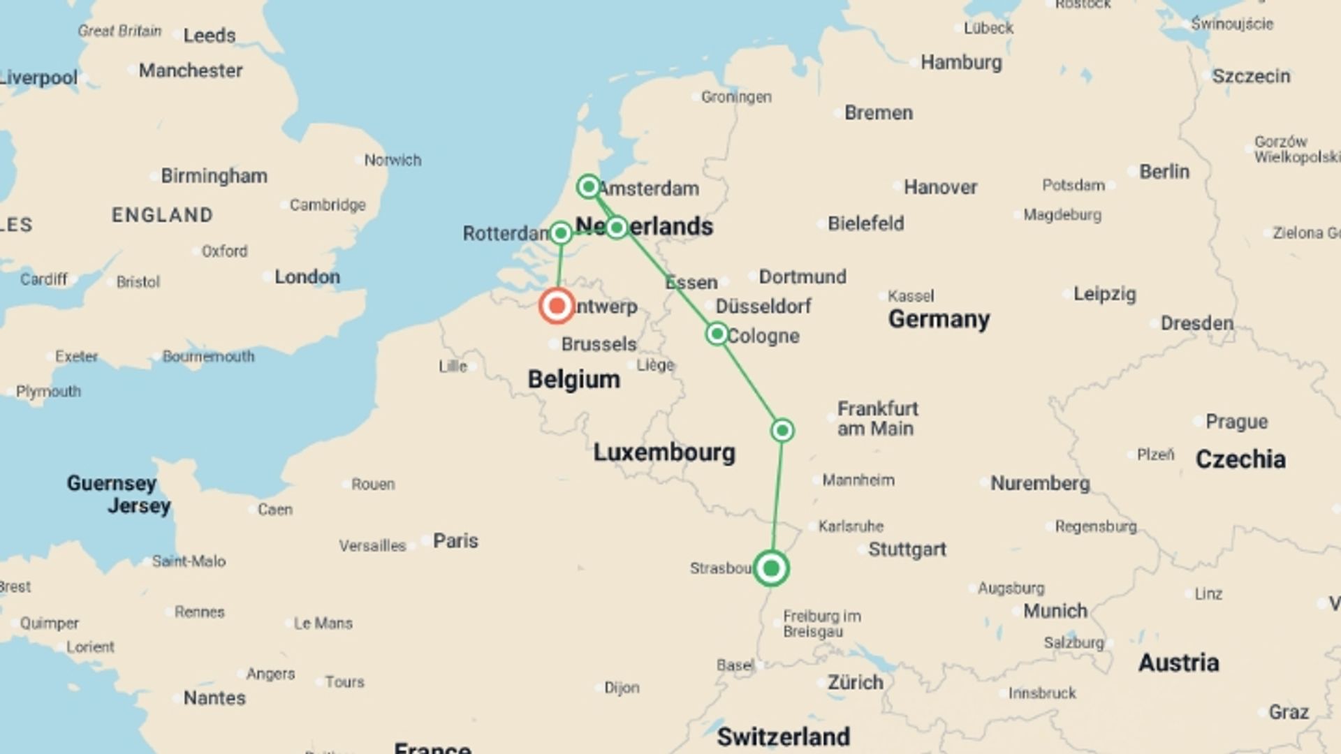 A map showing the tour itinerary for the trip: Cruise along the Rhine from Strasbourg to Antwerp (port-to-port cruise), starting in Strasbourg, France and ending in Antwerp, Belgium going through 6 other destinations.