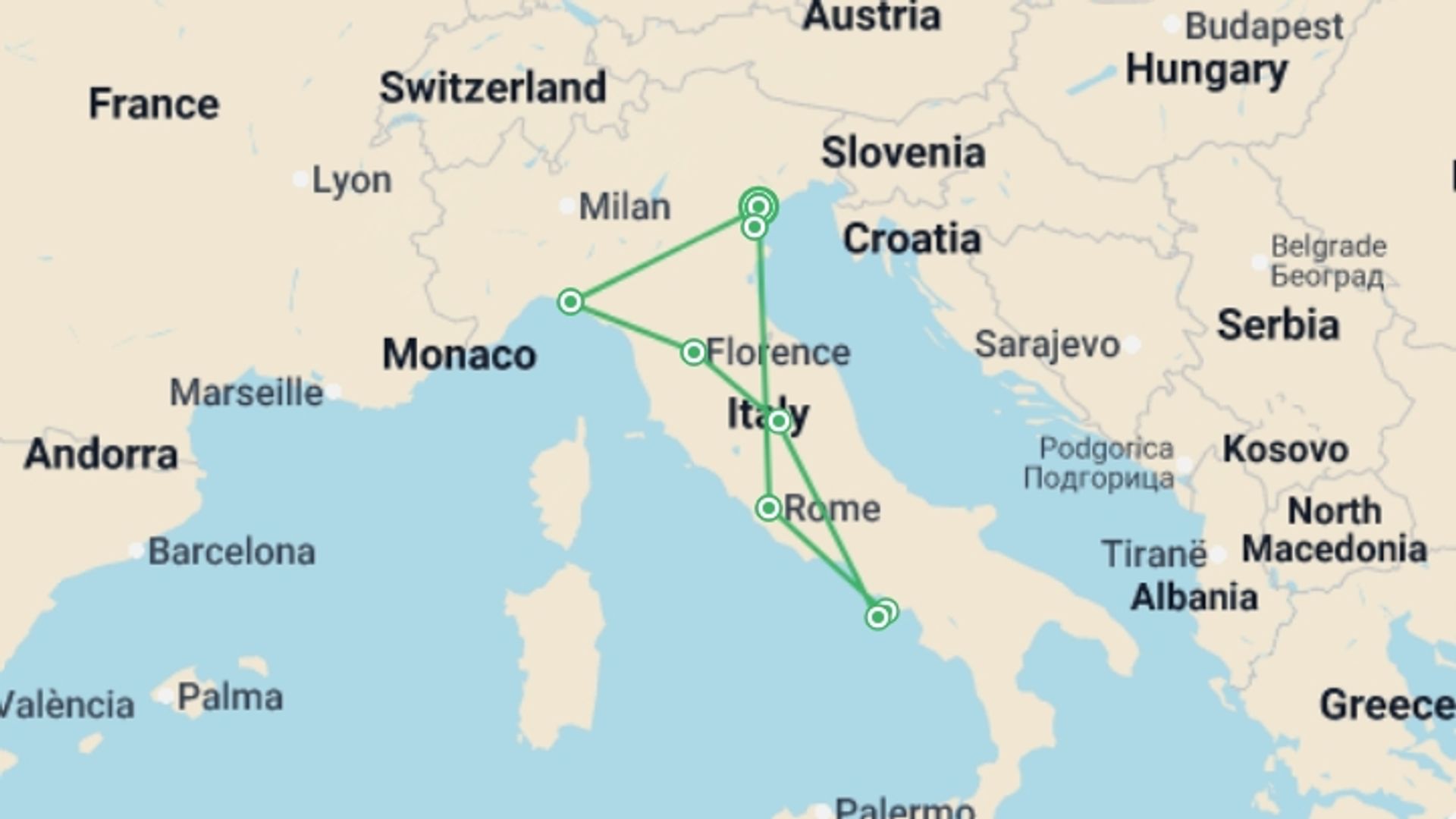A map showing the tour itinerary for the trip: Cruise & Tour: Experience the Best of Italy (2027), starting in Venice, Italy and ending in Venice, Italy going through 4 other destinations.