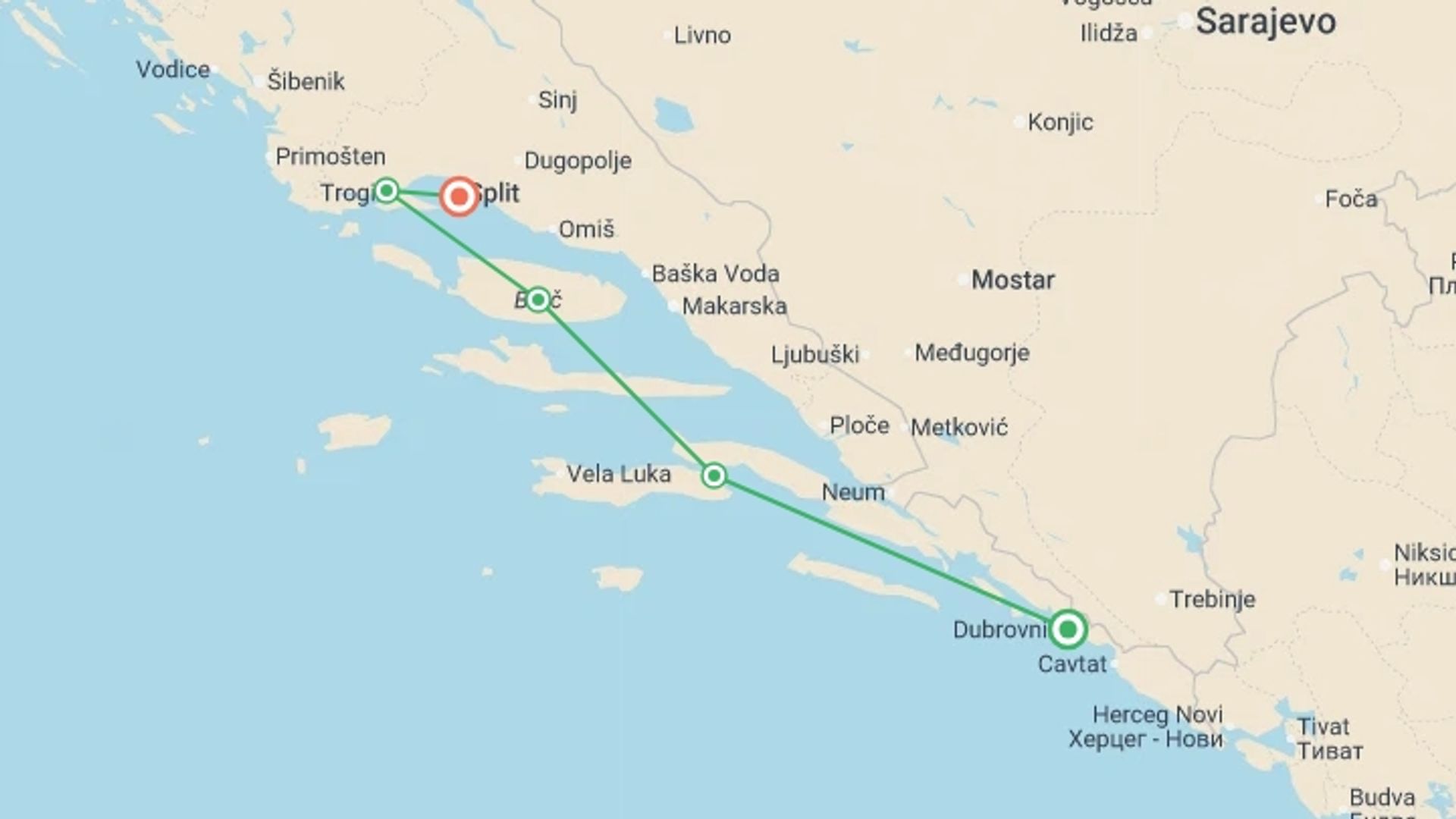 A map showing the tour itinerary for the trip: Cruise Dubrovnik to Split Express (Deluxe Superior) - 5 days, starting in Dubrovnik, Croatia and ending in Split, Croatia going through 4 other destinations.