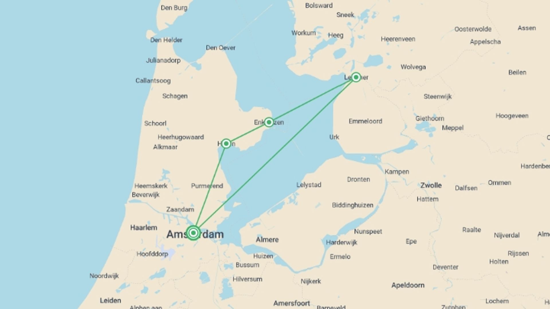 A map showing the tour itinerary for the trip: Cruise on the IJsselmeer, one of Holland's treasures (port-to-port cruise), starting in Amsterdam, Holland and ending in Hoorn, Holland going through 3 other destinations.