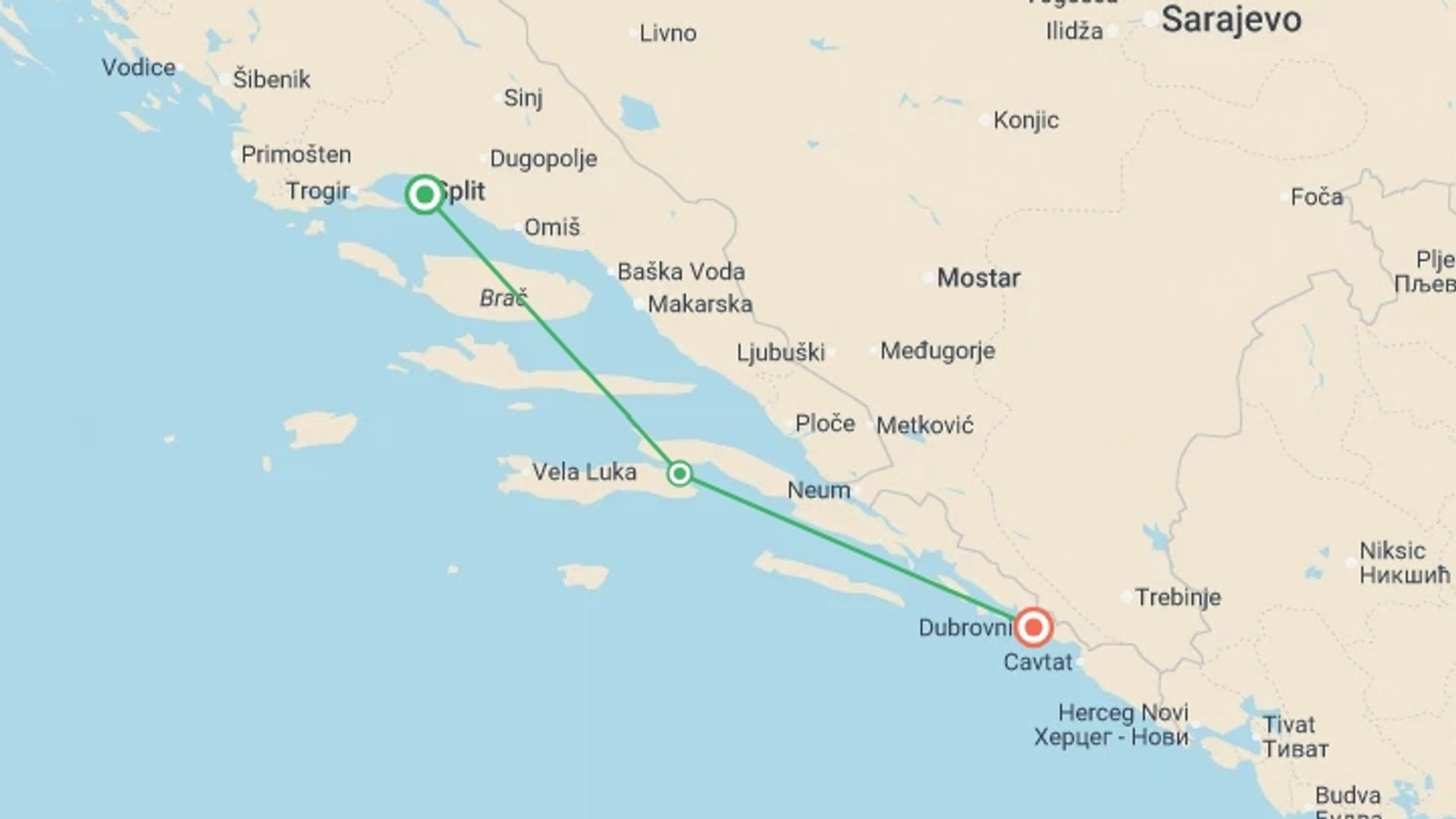 A map showing the tour itinerary for the trip: Cruise Split to Dubrovnik Express (Deluxe Superior) - 4 days, starting in Split, Croatia and ending in Dubrovnik, Croatia going through 2 other destinations.