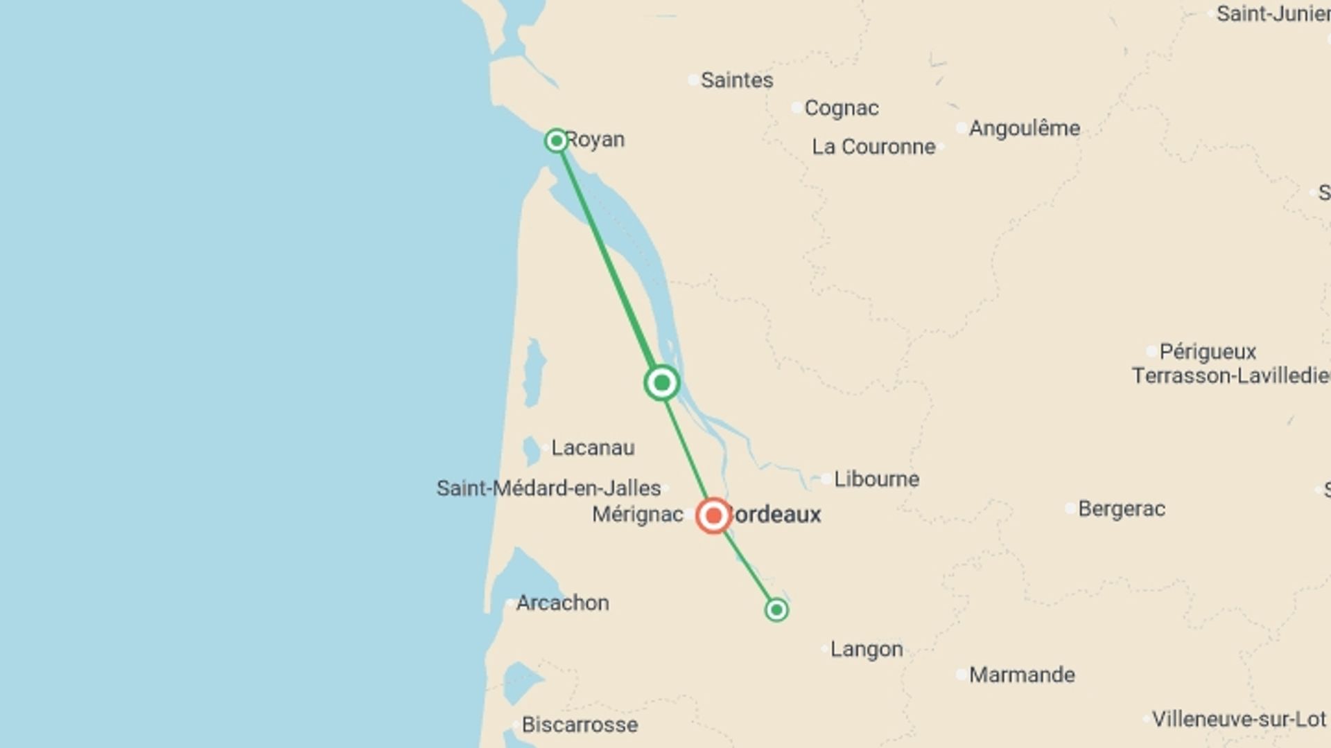 A map showing the tour itinerary for the trip: Cruise through the Aquitaine Region from Bordeaux to Royan, along the Gironde Estuary and the Garonne and Dordogne Rivers (port-to-port cruise), starting in Bordeaux, France and ending in Bordeaux, France going through 2 other destinations.