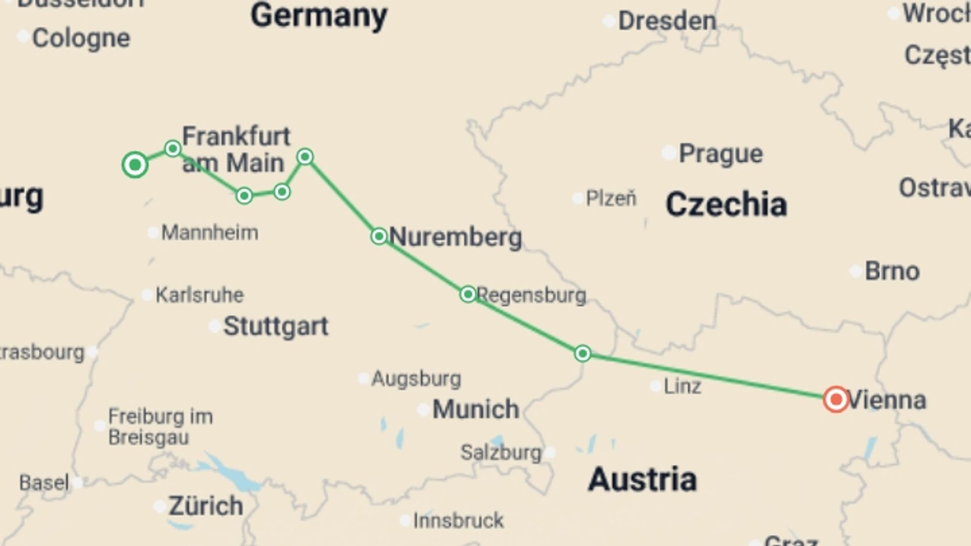 A map showing the tour itinerary for the trip: Cruise through the Heart of Europe from the Rhine to the Danube (port-to-port cruise), starting in Strasbourg, France and ending in Vienna, Austria going through 9 other destinations.