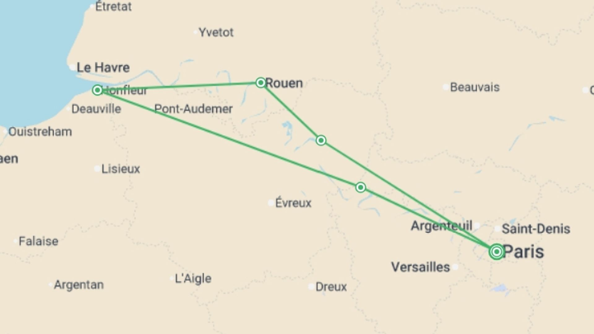 A map showing the tour itinerary for the trip: Cultural cruise along the Seine; Versailles, Paris, and Normandy (port-to-port cruise), starting in Paris, France and ending in Paris, France going through 2 other destinations.