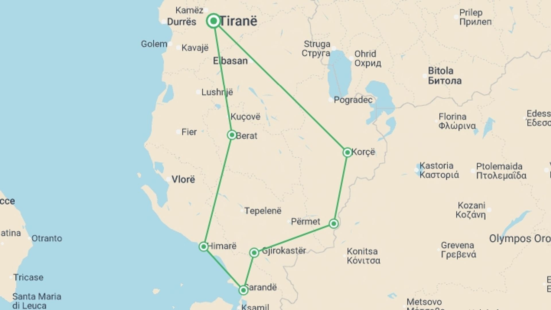 A map showing the tour itinerary for the trip: Cycle Albania, starting in Tirana, Albania and ending in Tirana, Albania going through 3 other destinations.