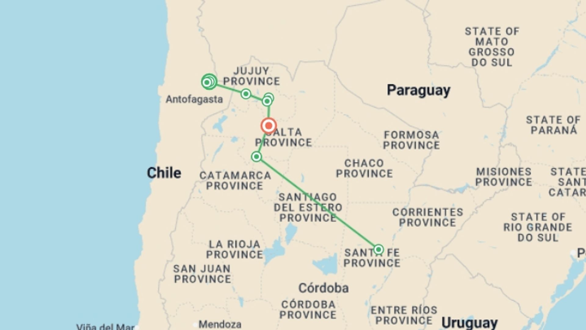 A map showing the tour itinerary for the trip: Cycle Chile & Argentina: Atacama to Salta, starting in San Pedro De Atacama, Chile and ending in Salta, Argentina going through 4 other destinations.
