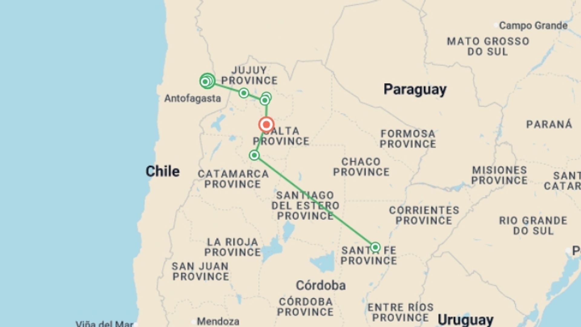 A map showing the tour itinerary for the trip: Cycle Chile & Argentina: Atacama to Salta, starting in San Pedro De Atacama, Chile and ending in Salta, Argentina going through 4 other destinations.