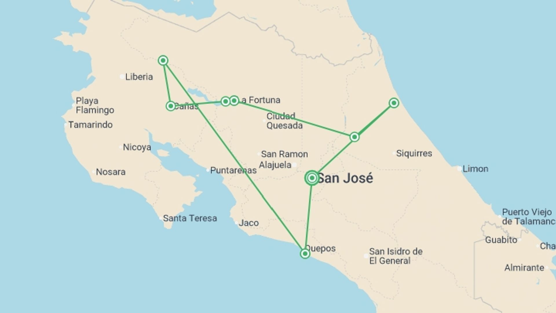 A map showing the tour itinerary for the trip: Cycle Costa Rica, starting in San Jose, Costa Rica and ending in San Jose, Costa Rica going through 4 other destinations.