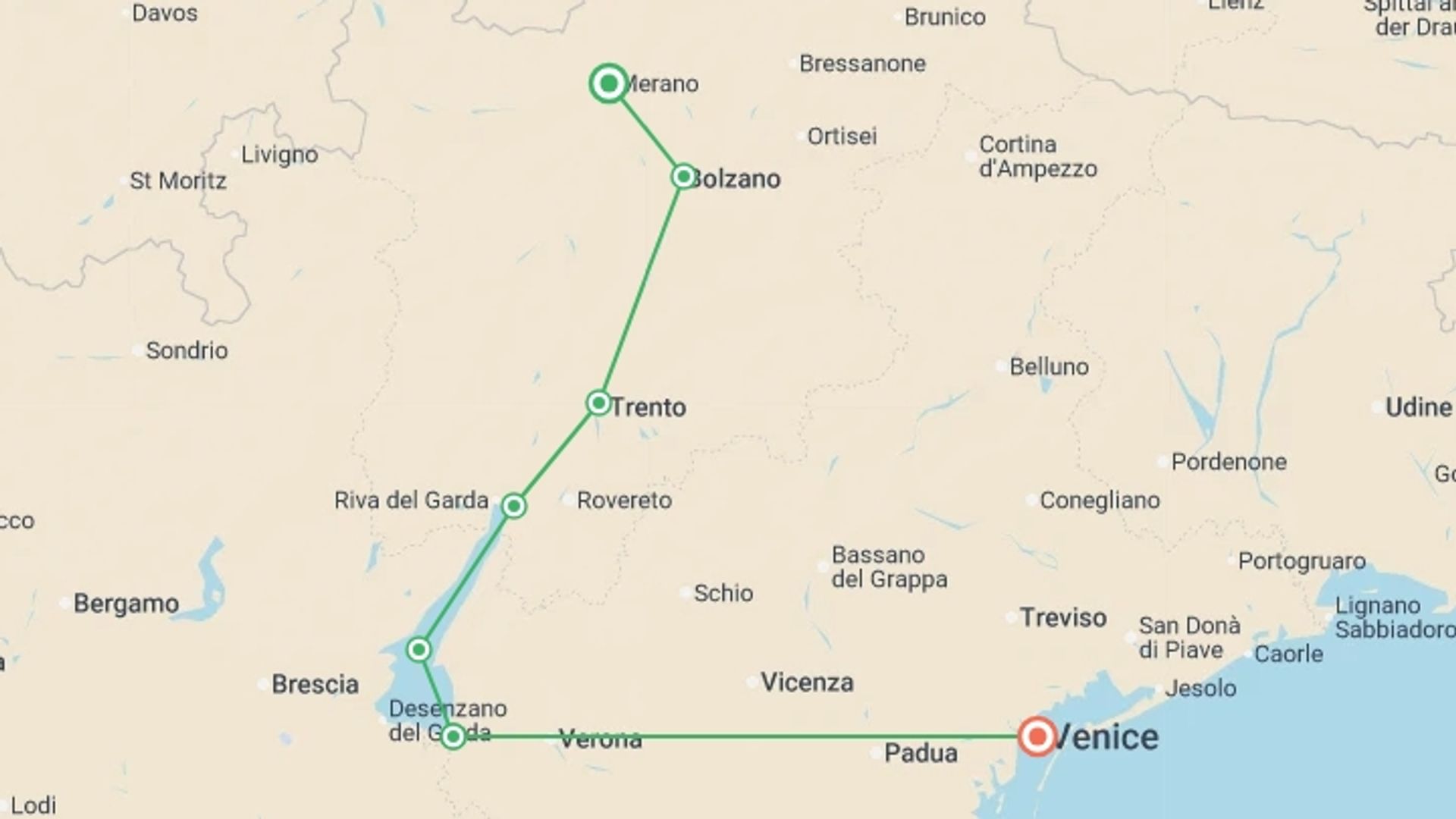 A map showing the tour itinerary for the trip: Cycle Dolomites, Lake Garda and Verona, starting in Venice, Italy and ending in Venice, Italy going through 5 other destinations.