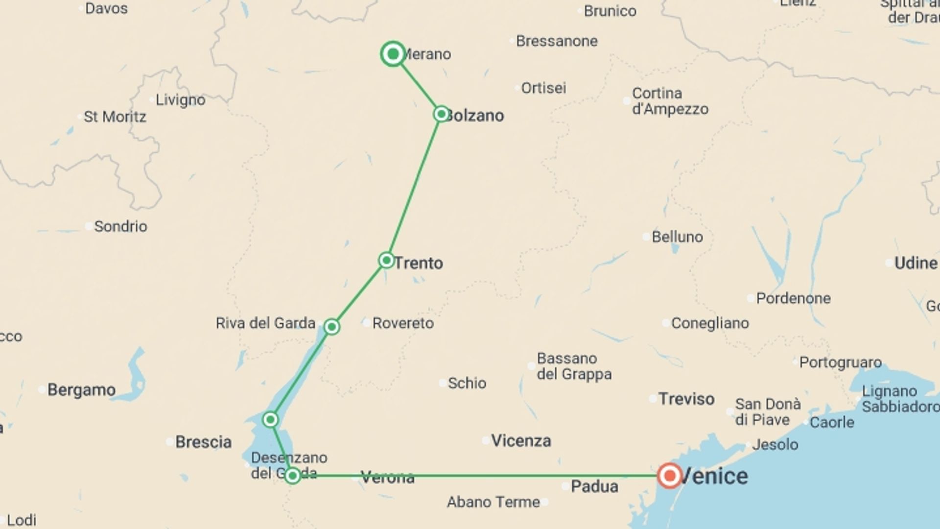 A map showing the tour itinerary for the trip: Cycle Dolomites, Lake Garda and Verona, starting in Venice, Italy and ending in Venice, Italy going through 5 other destinations.