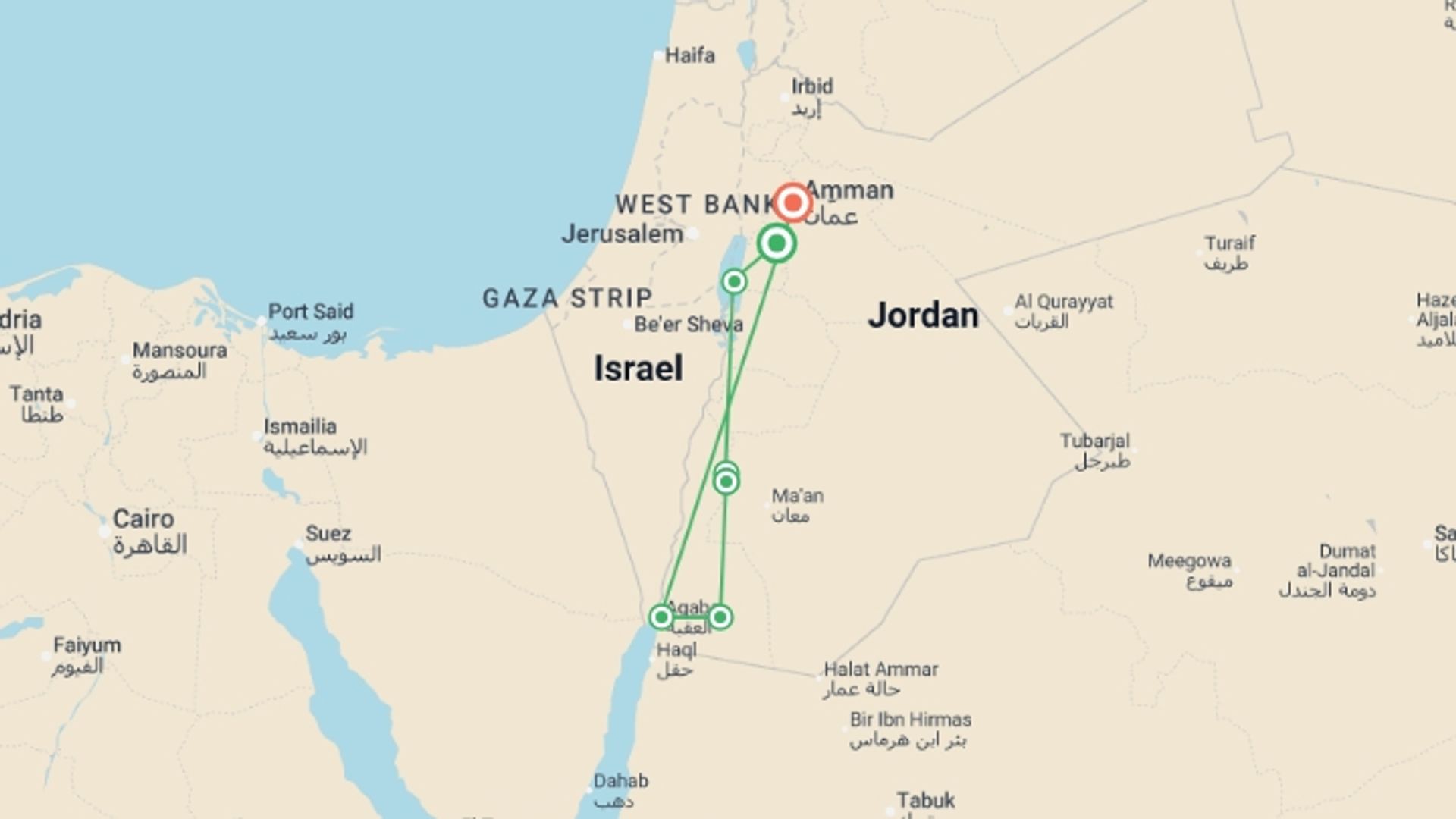 A map showing the tour itinerary for the trip: Cycle Jordan, starting in Madaba, Jordan and ending in Amman, Jordan going through 6 other destinations.