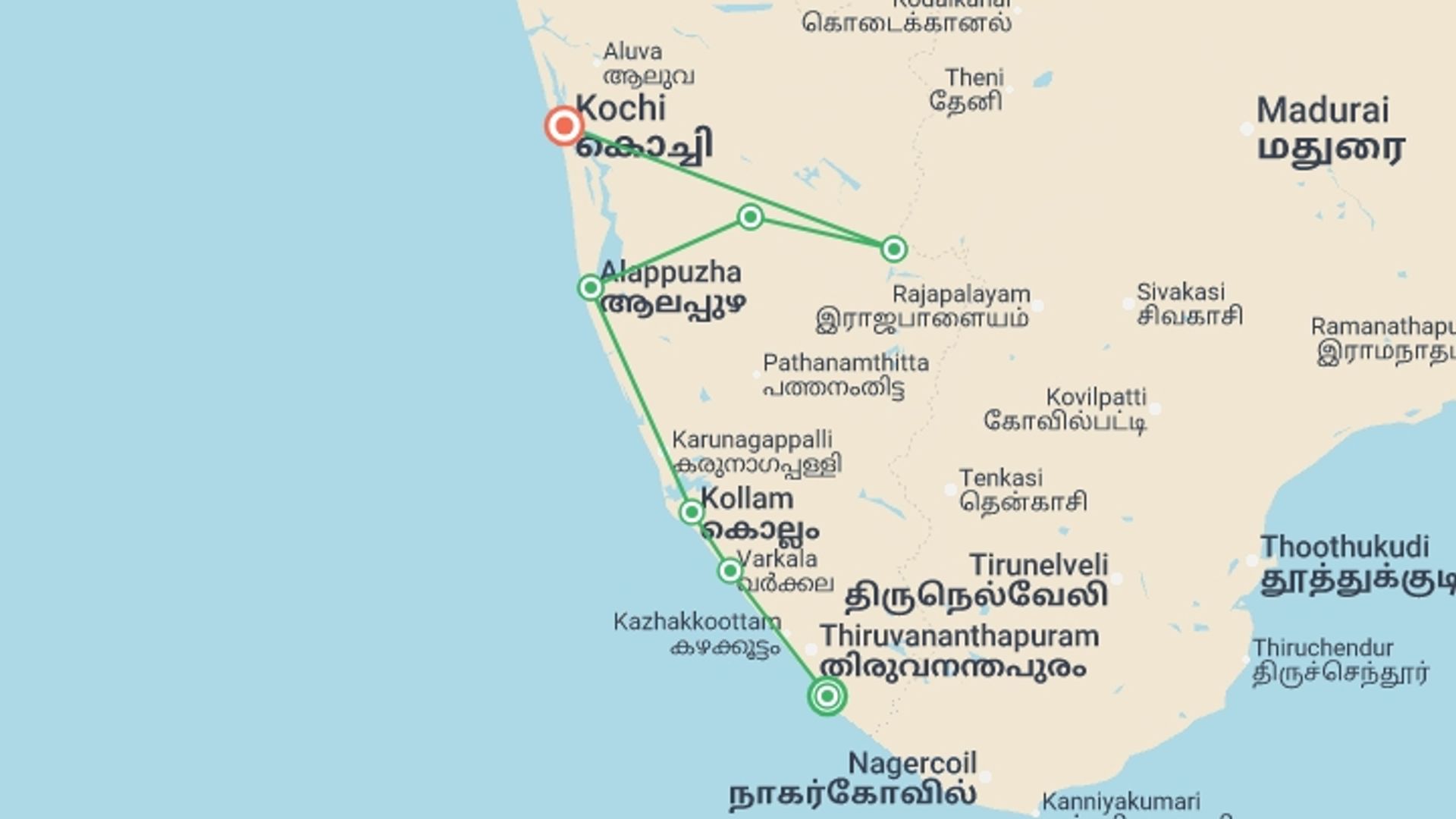 A map showing the tour itinerary for the trip: Cycle Kerala, starting in Kovalam, India and ending in India going through 5 other destinations.