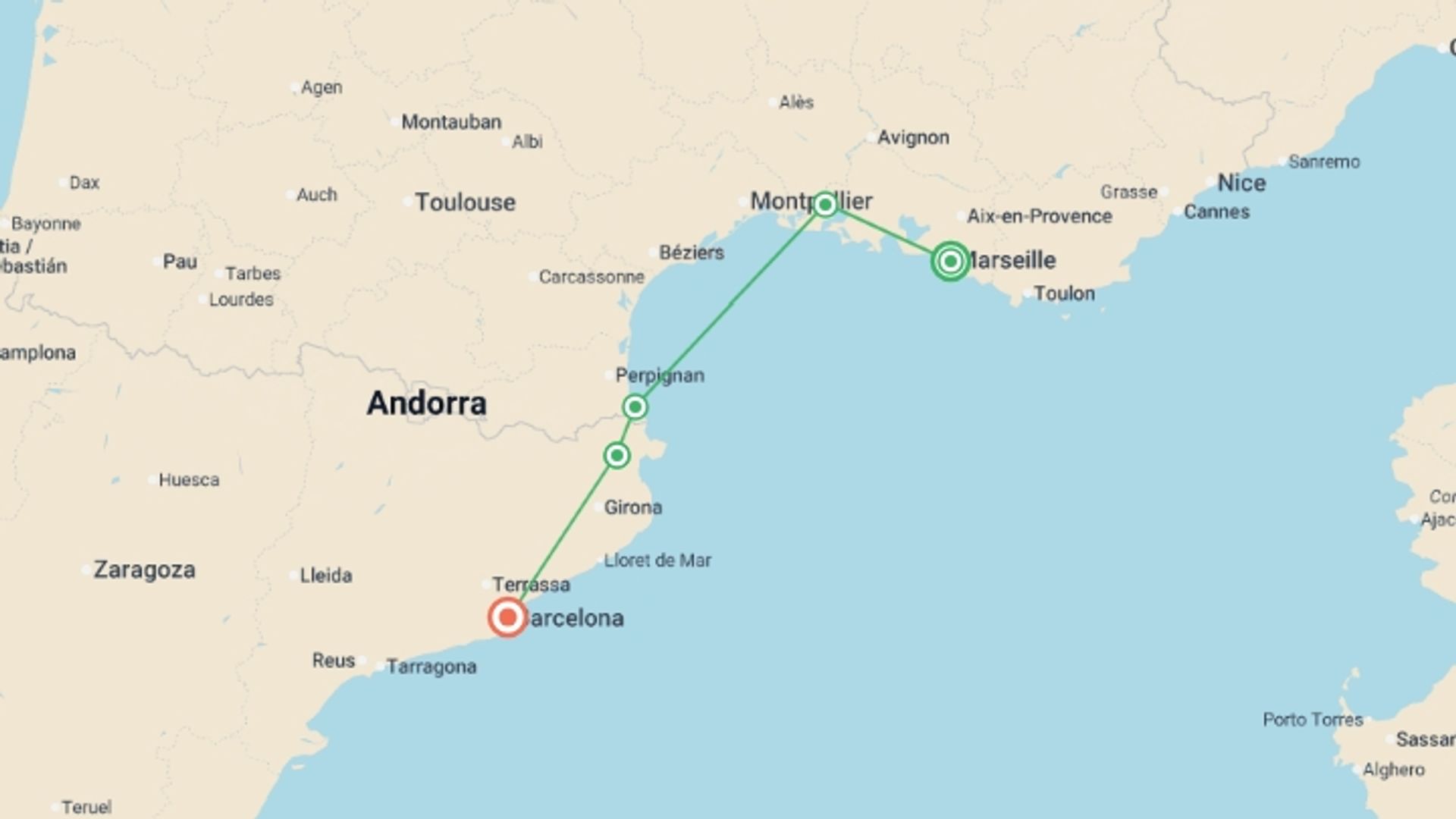 A map showing the tour itinerary for the trip: Cycle Marseille to Barcelona, starting in Marseille, France and ending in Barcelona, Spain going through 6 other destinations.