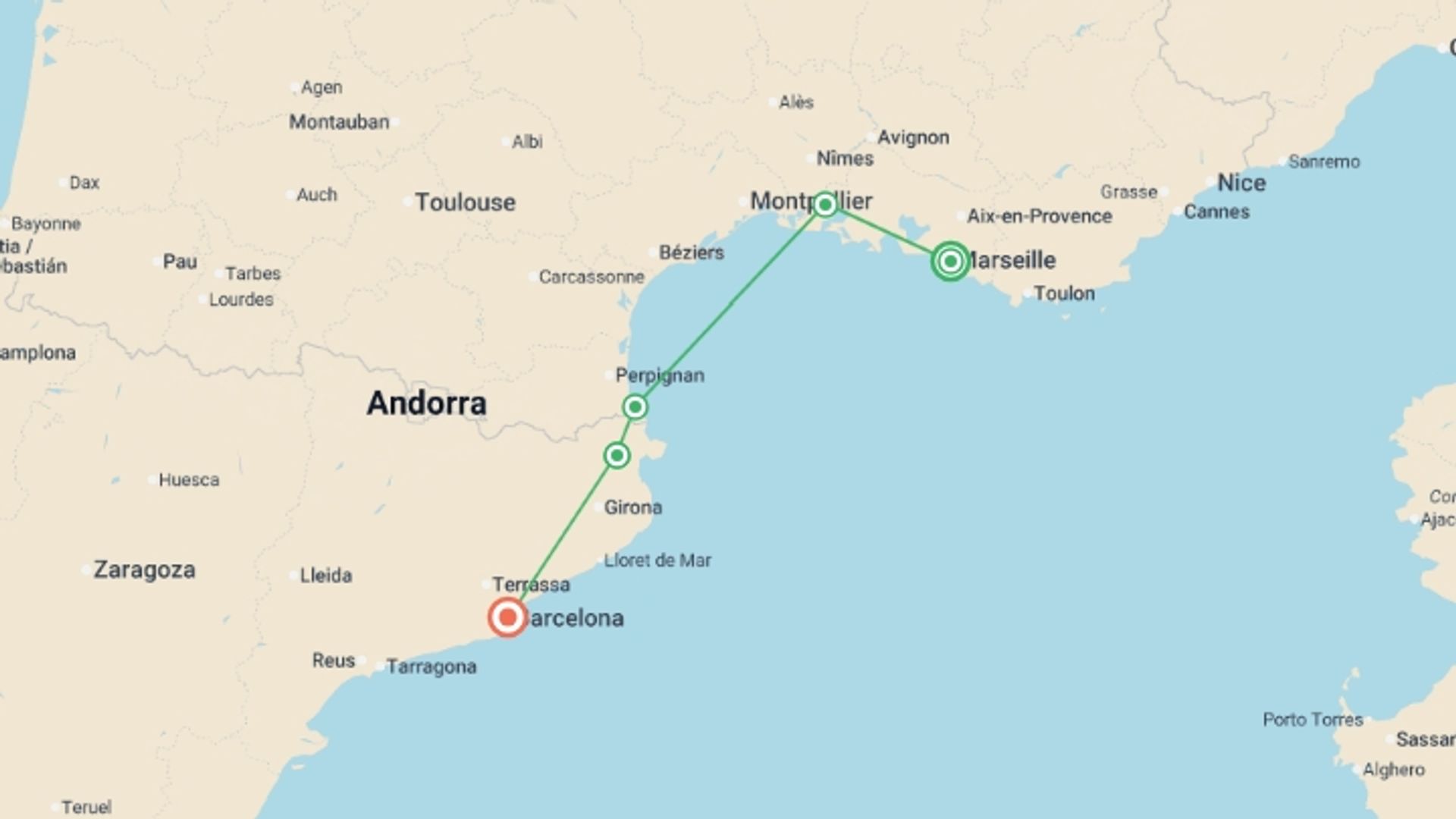 A map showing the tour itinerary for the trip: Cycle Marseille to Barcelona, starting in Marseille, France and ending in Barcelona, Spain going through 6 other destinations.