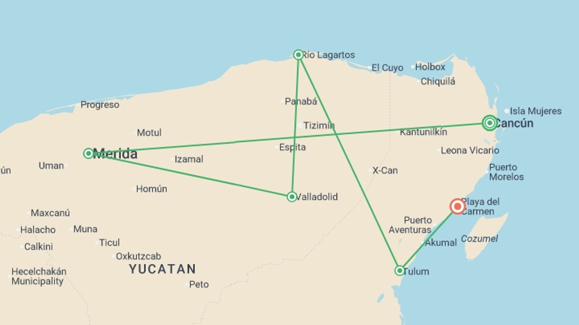 A map showing the tour itinerary for the trip: Cycle Mexico - The Yucatan Peninsula, starting in Playa Del Carmen, Mexico and ending in Playa Del Carmen, Mexico going through 4 other destinations.