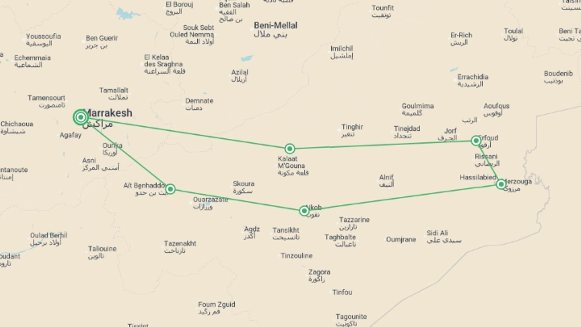 A map showing the tour itinerary for the trip: Cycle Morocco - Atlas to the Sahara, starting in Marrakech, Morocco and ending in Marrakech, Morocco going through 2 other destinations.
