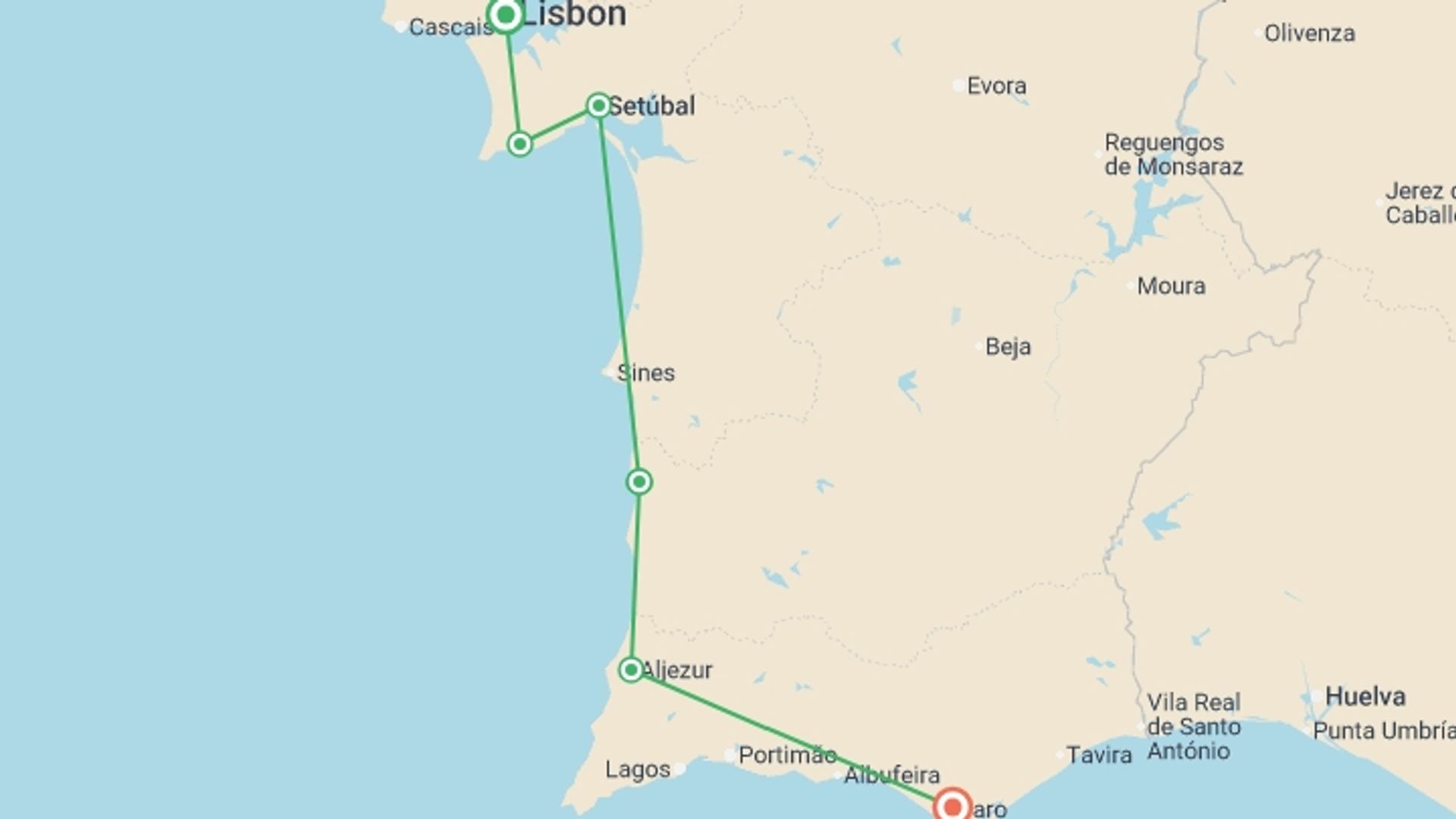 A map showing the tour itinerary for the trip: Cycle Portugal - Lisbon to Algarve, starting in Lisbon, Portugal and ending in Faro, Portugal going through 4 other destinations.