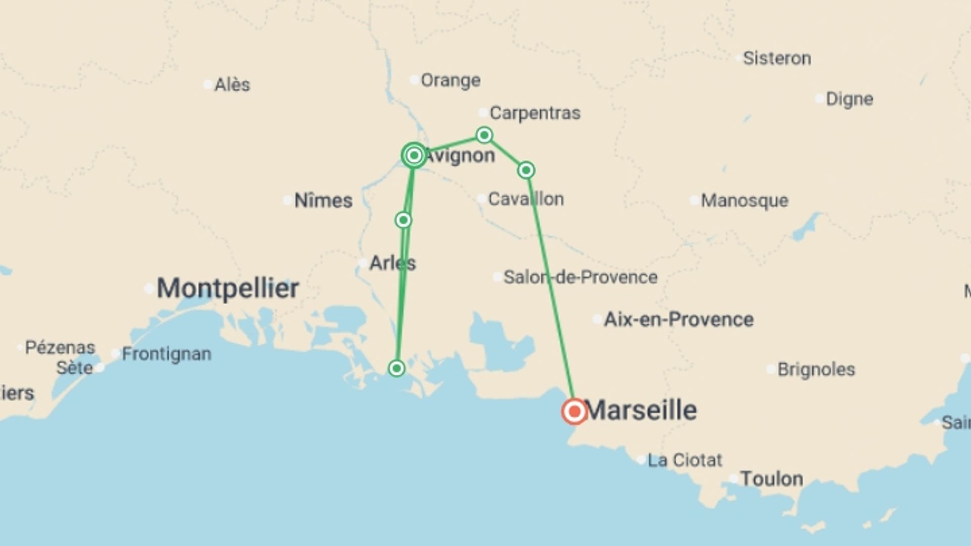 A map showing the tour itinerary for the trip: Cycle Provence, starting in Marseille, France and ending in Marseille, France going through 5 other destinations.