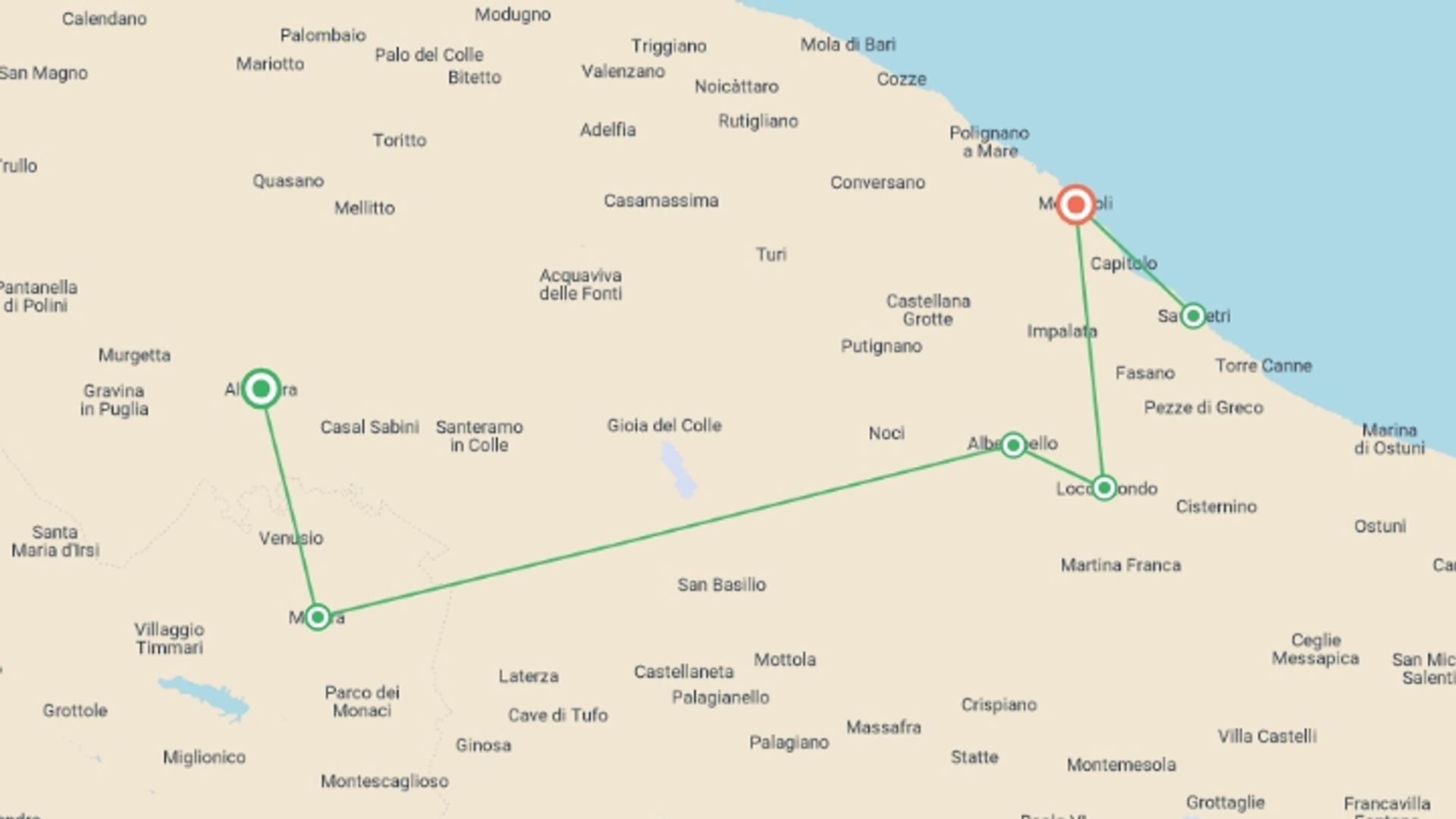 A map showing the tour itinerary for the trip: Cycle Puglia, starting in Altamura, Italy and ending in Monopoli, Italy going through 4 other destinations.