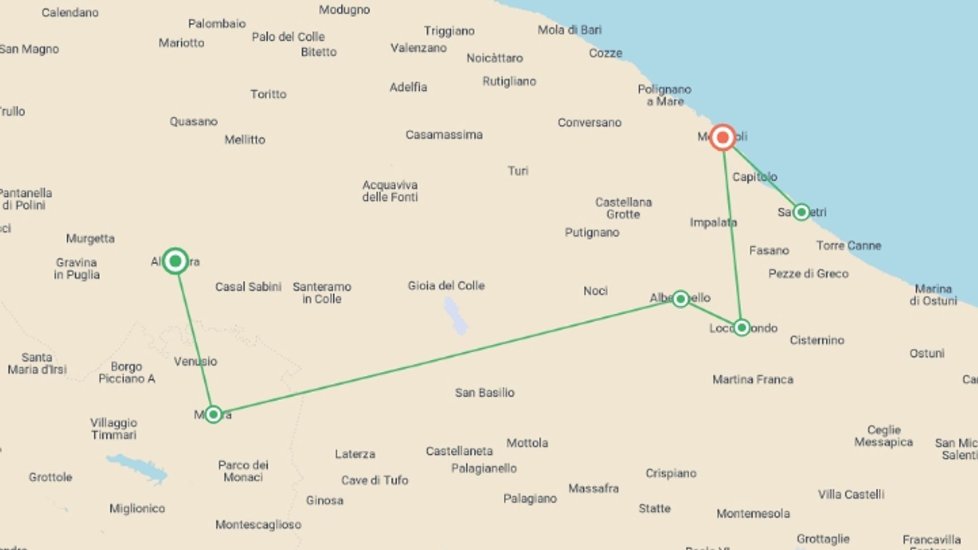 A map showing the tour itinerary for the trip: Cycle Puglia, starting in Altamura, Italy and ending in Monopoli, Italy going through 4 other destinations.