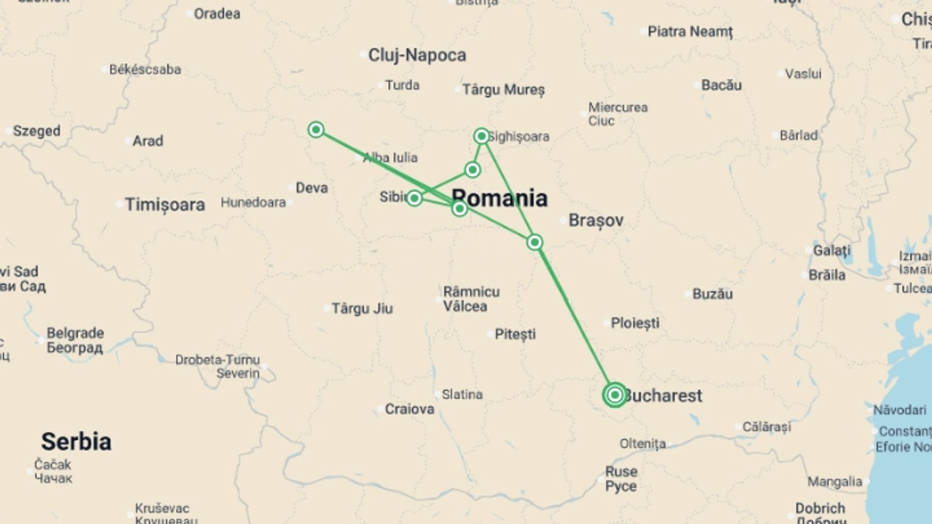 A map showing the tour itinerary for the trip: Cycle Romania, starting in Bucharest, Romania and ending in Bucharest, Romania going through 3 other destinations.