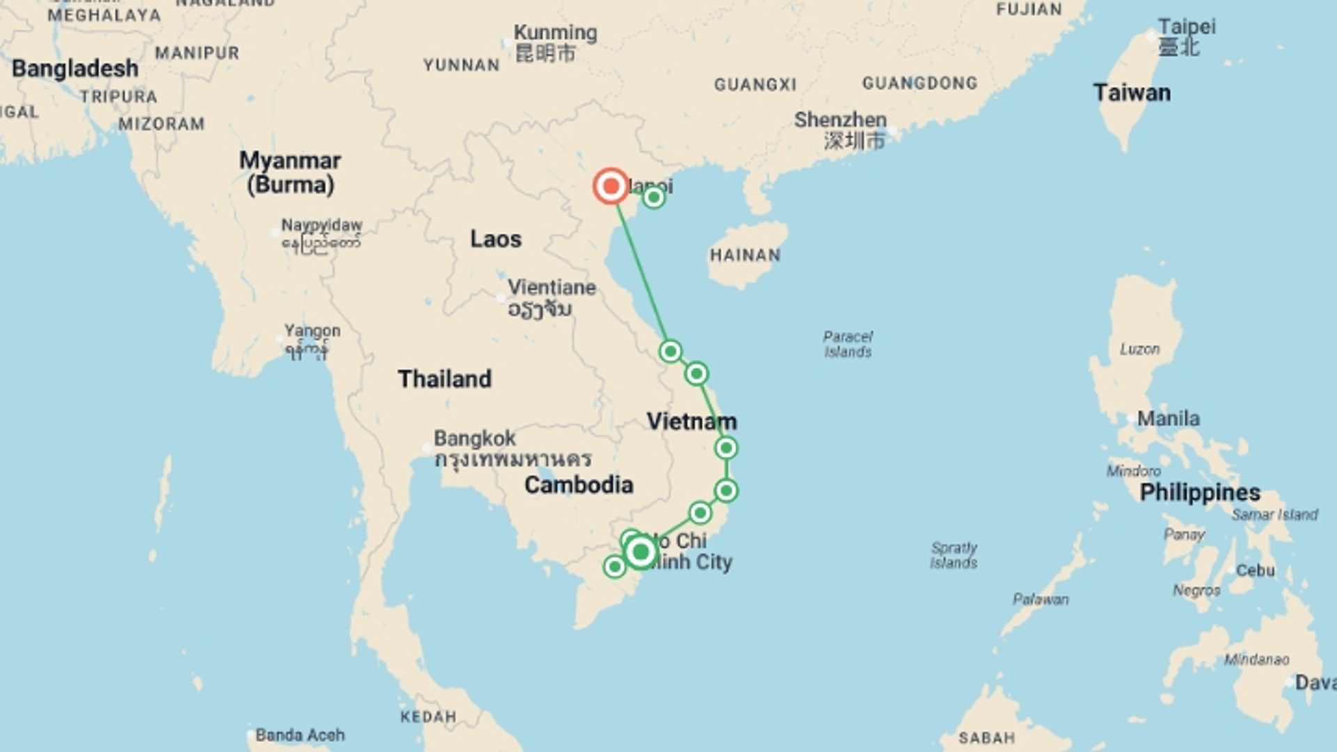 A map showing the tour itinerary for the trip: Cycle Saigon to Hanoi, starting in Ho Chi Minh City, Vietnam and ending in Hanoi, Vietnam going through 5 other destinations.