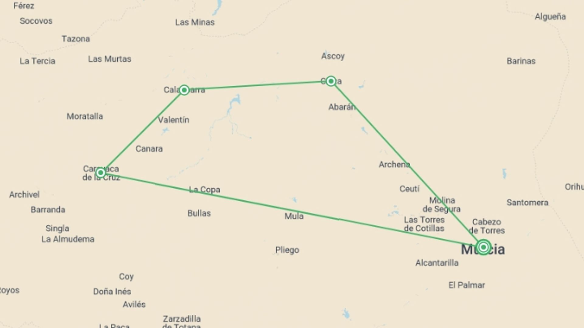 A map showing the tour itinerary for the trip: Cycle Southern Spain - Murcia, starting in Murcia, Spain and ending in Murcia, Spain going through 2 other destinations.
