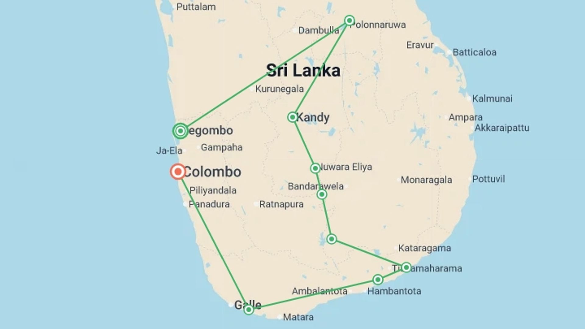 A map showing the tour itinerary for the trip: Cycle Sri Lanka, starting in Negombo, Sri Lanka and ending in Colombo, Sri Lanka going through 5 other destinations.