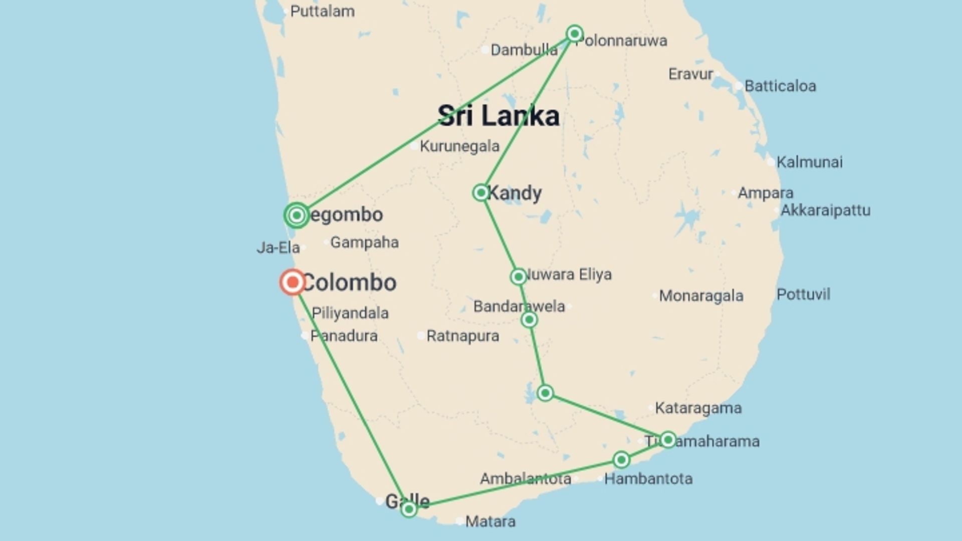 A map showing the tour itinerary for the trip: Cycle Sri Lanka, starting in Negombo, Sri Lanka and ending in Colombo, Sri Lanka going through 5 other destinations.