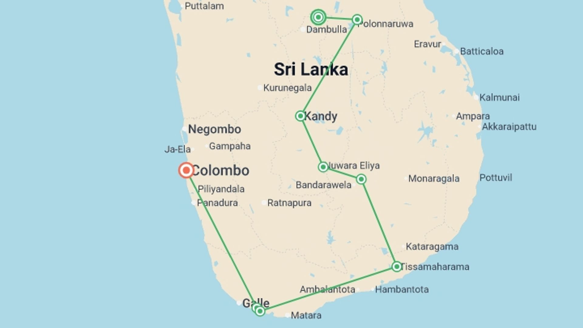 A map showing the tour itinerary for the trip: Cycle the Back Roads of Sri Lanka, starting in Sigiriya, Sri Lanka and ending in Colombo, Sri Lanka going through 5 other destinations.