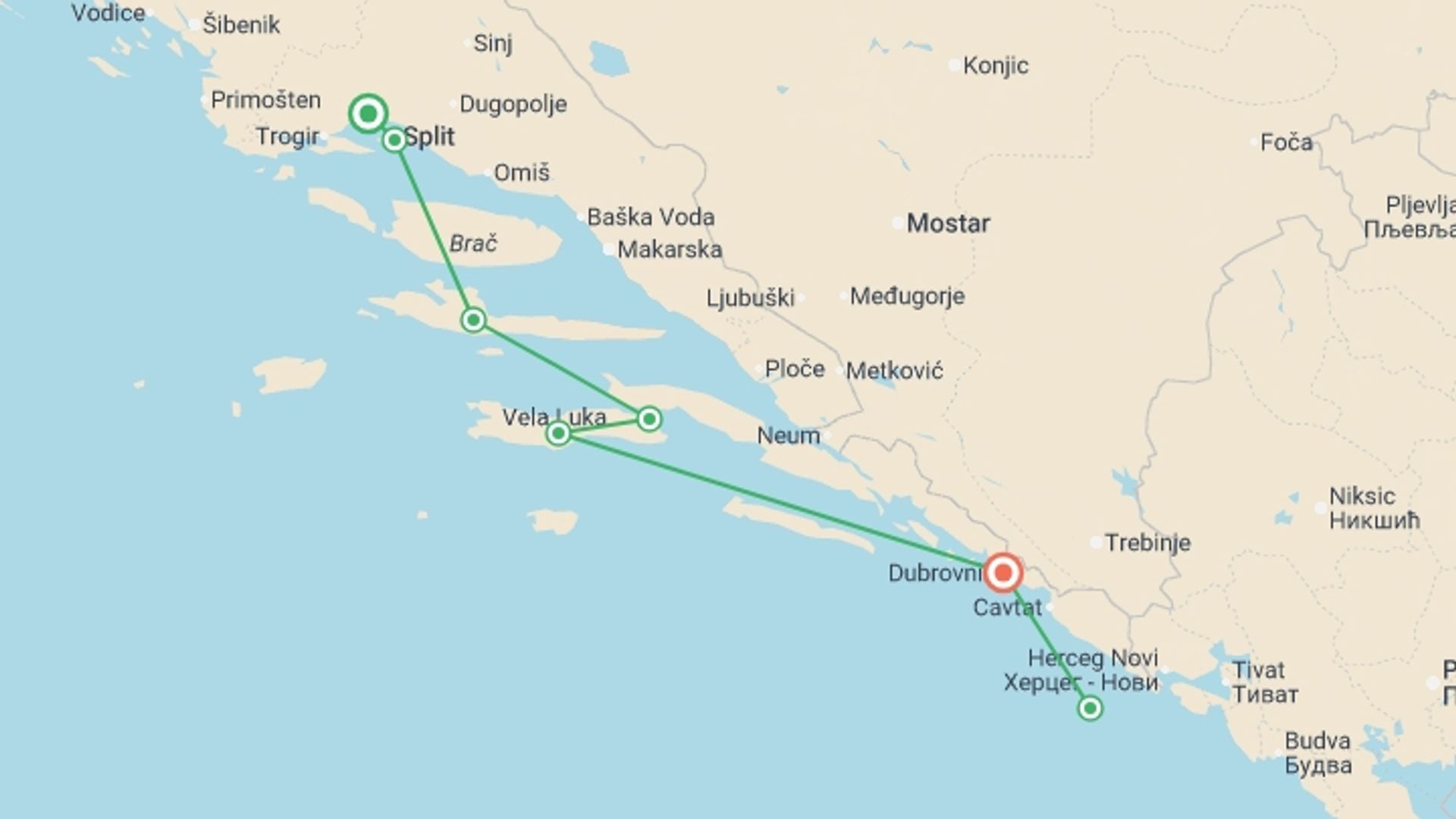 A map showing the tour itinerary for the trip: Cycle the Dalmatian Coast, starting in Kastel Kambelovac, Croatia and ending in Dubrovnik, Croatia going through 6 other destinations.