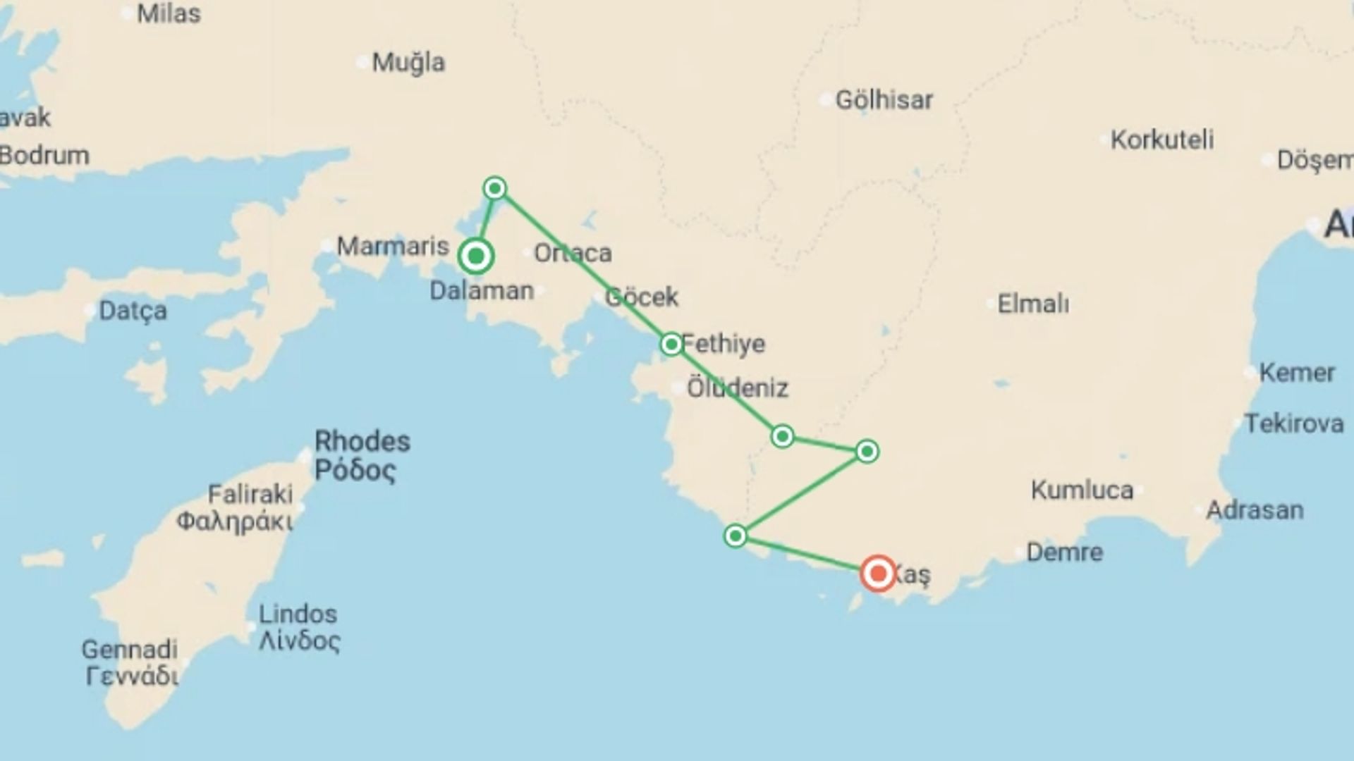 A map showing the tour itinerary for the trip: Cycle Turkey, starting in Dalyan, Turkey and ending in Kas, Turkey going through 3 other destinations.