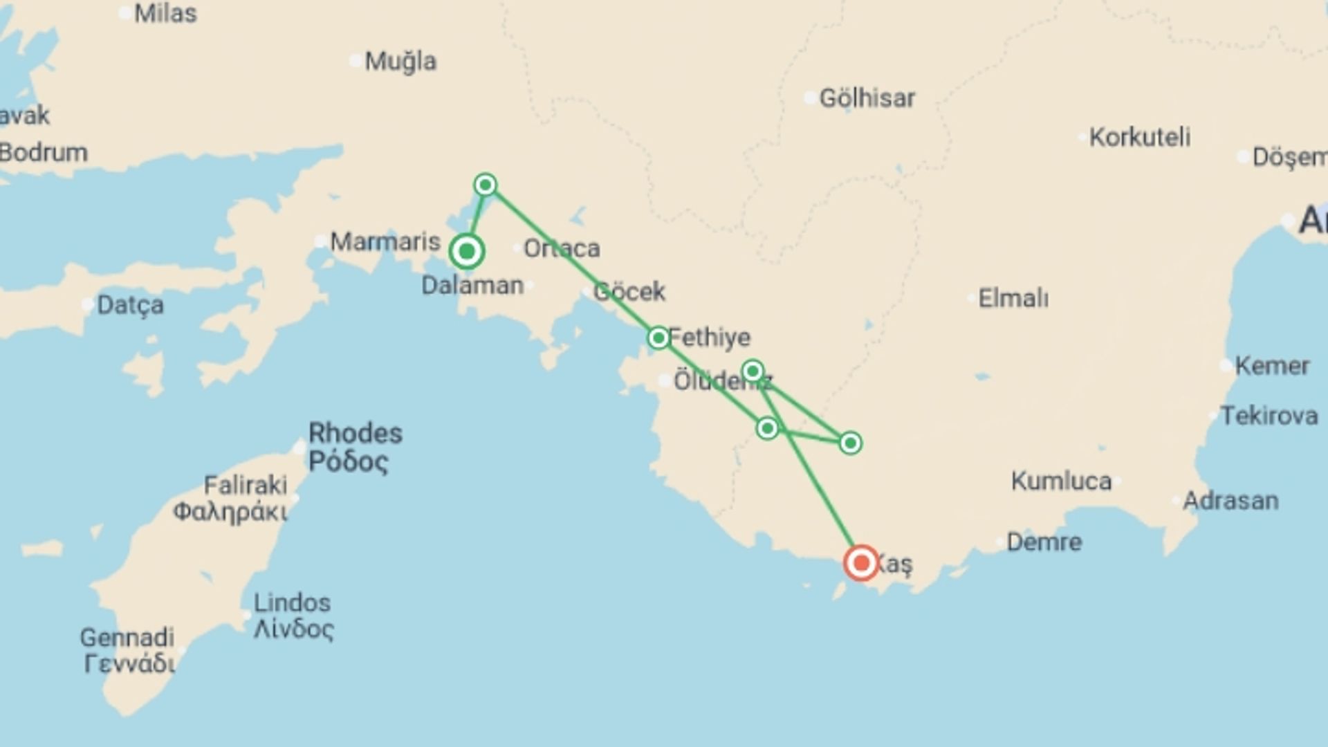A map showing the tour itinerary for the trip: Cycle Turkey, starting in Dalyan, Turkey and ending in Kas, Turkey going through 4 other destinations.