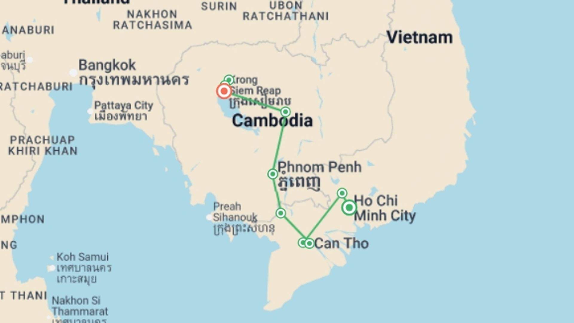 A map showing the tour itinerary for the trip: Cycle Vietnam and Cambodia, starting in Ho Chi Minh City, Vietnam and ending in Siem Reap, Cambodia going through 5 other destinations.