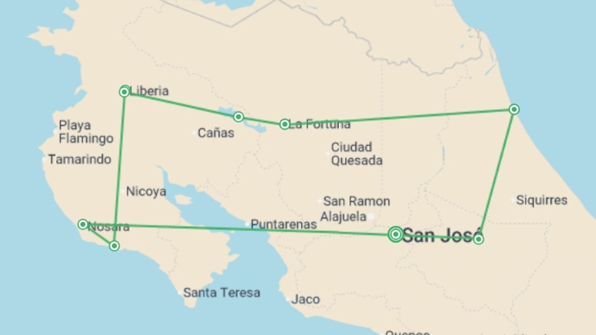 A map showing the tour itinerary for the trip: Cycling Costa Rica, starting in San Jose, Costa Rica and ending in San Jose, Costa Rica going through 4 other destinations.