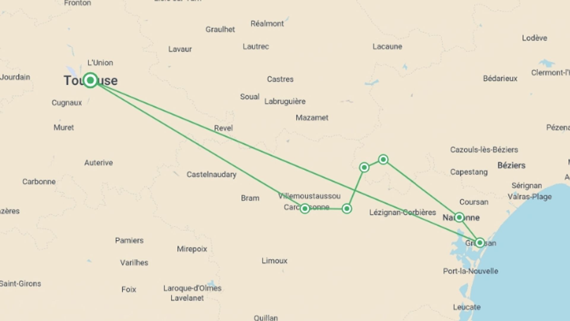 A map showing the tour itinerary for the trip: Cycling in France - Canals and Castles of the Midi, starting in Carcassonne, France and ending in Toulouse, France going through 3 other destinations.