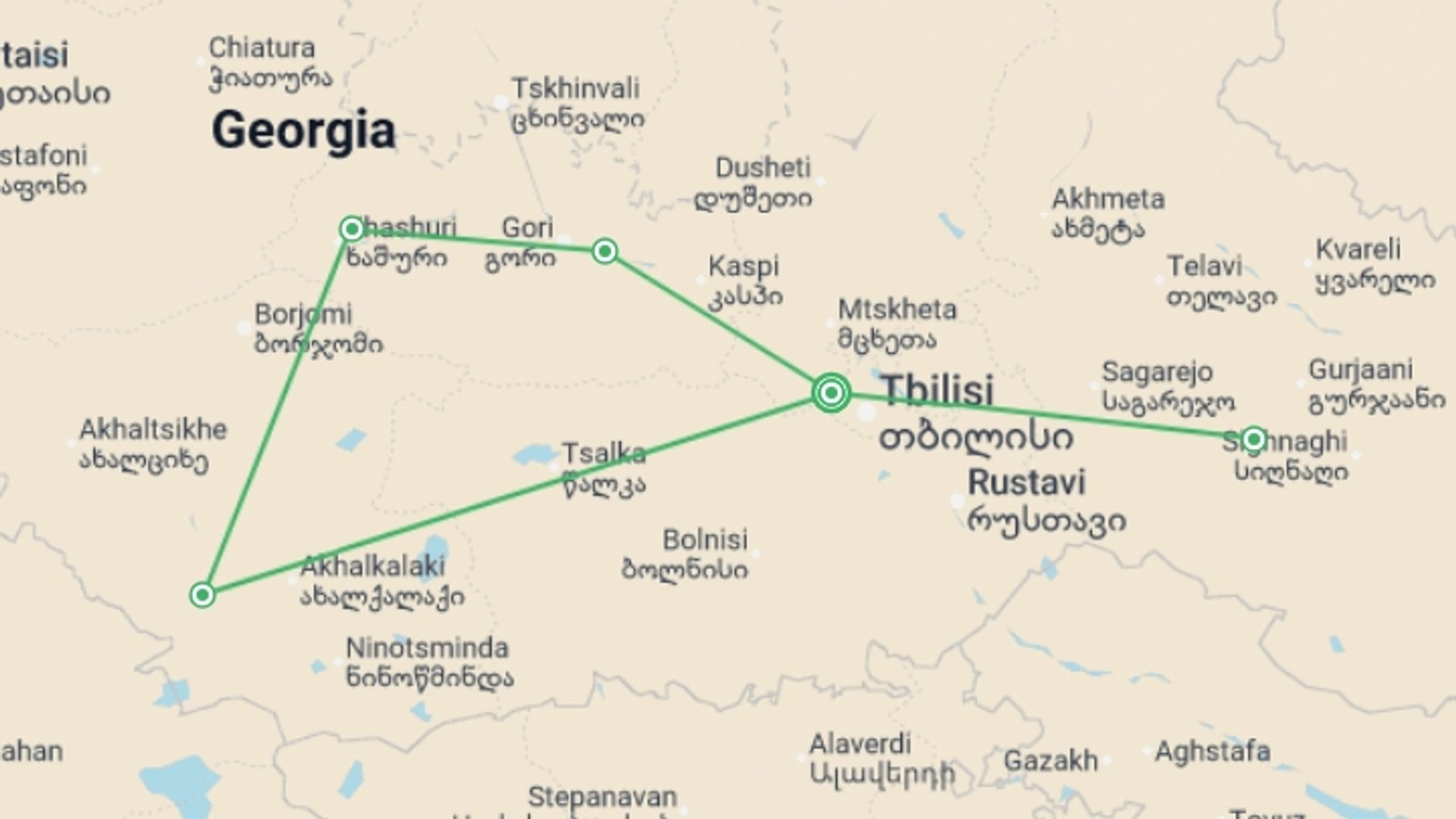 A map showing the tour itinerary for the trip: Cycling in Georgia, starting in Tbilisi, Georgia and ending in Tbilisi, Georgia going through 3 other destinations.