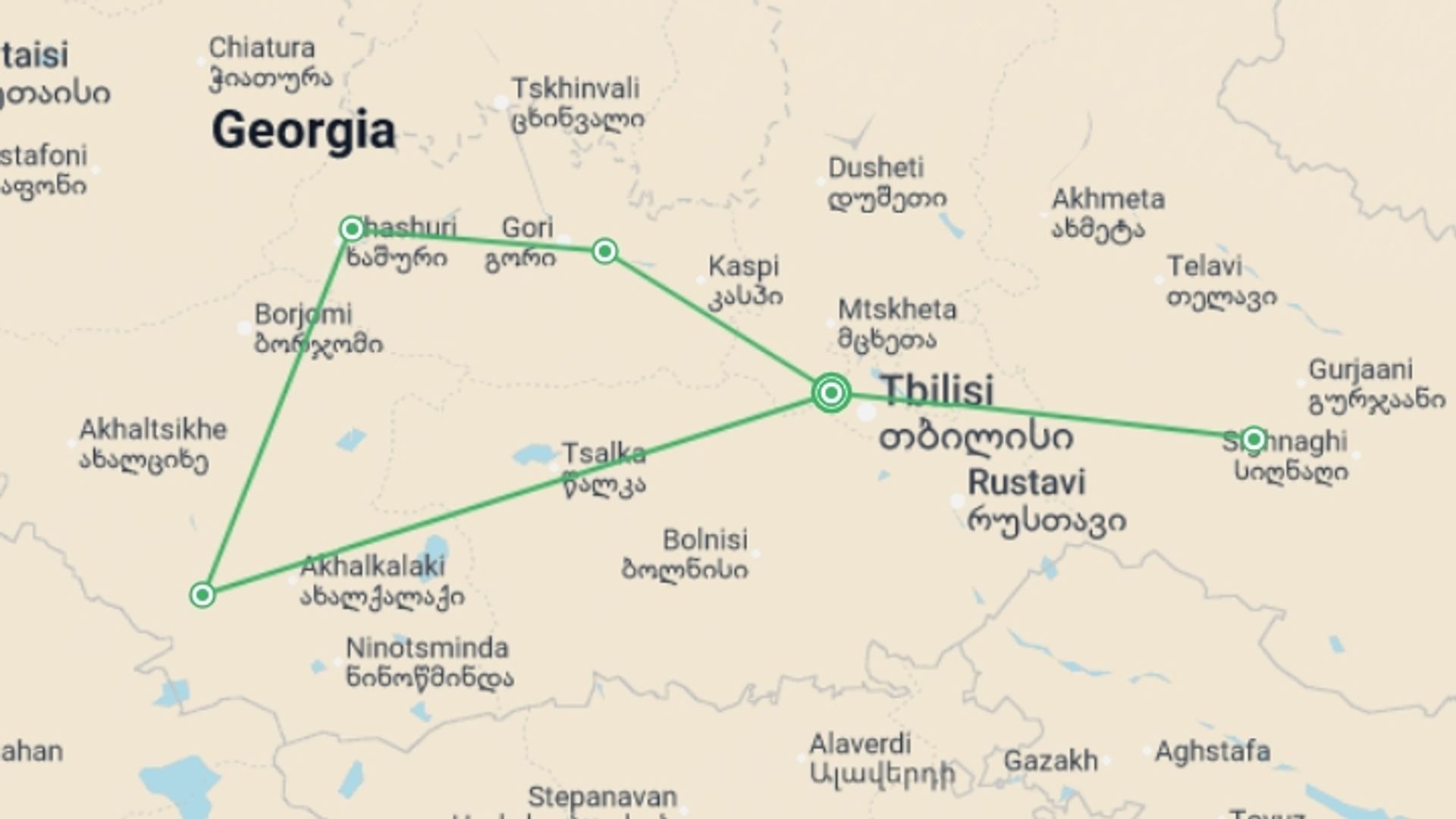 A map showing the tour itinerary for the trip: Cycling in Georgia, starting in Tbilisi, Georgia and ending in Tbilisi, Georgia going through 3 other destinations.