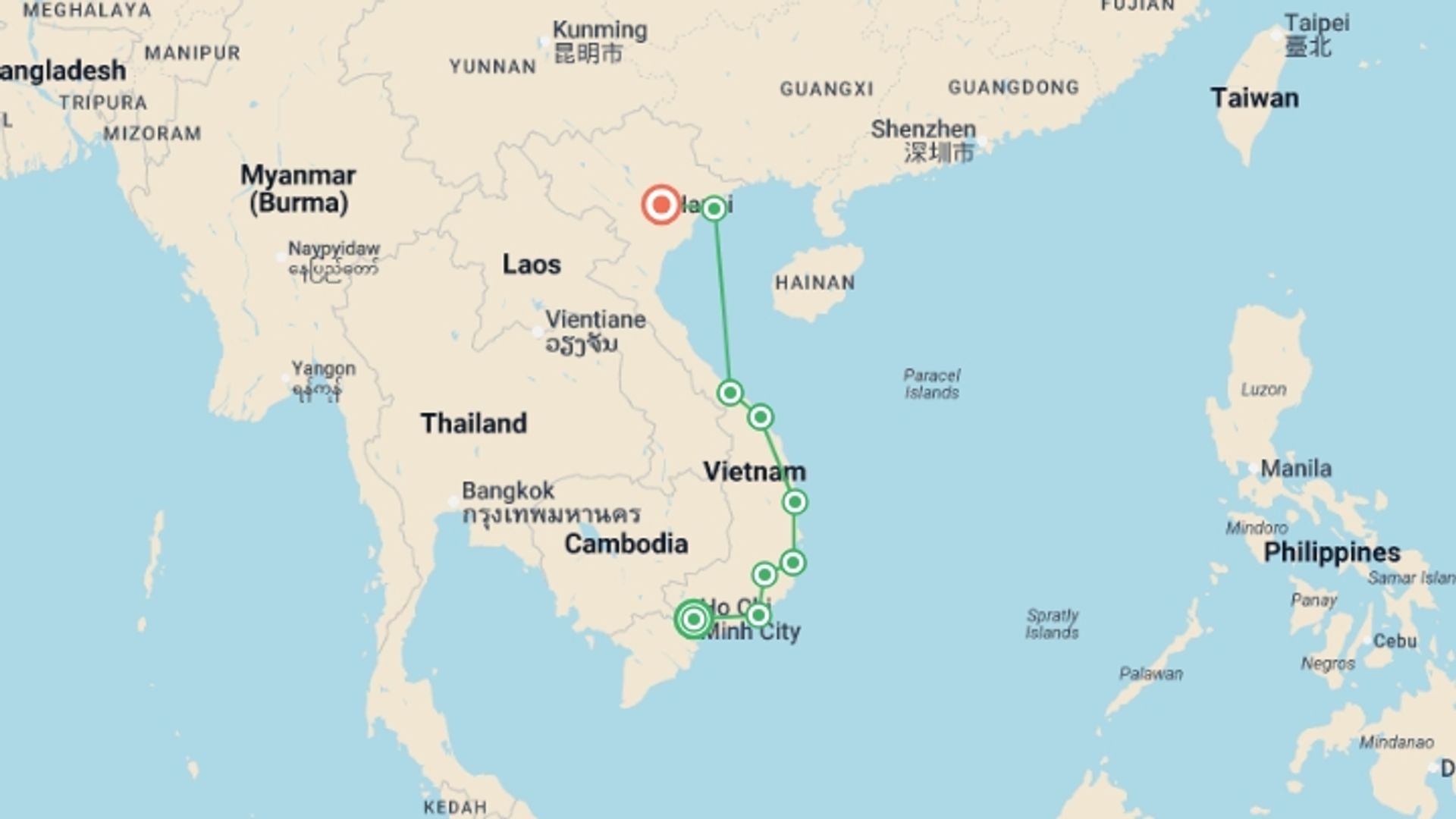 A map showing the tour itinerary for the trip: Cycling Vietnam, starting in Ho Chi Minh City, Vietnam and ending in Hanoi, Vietnam going through 8 other destinations.
