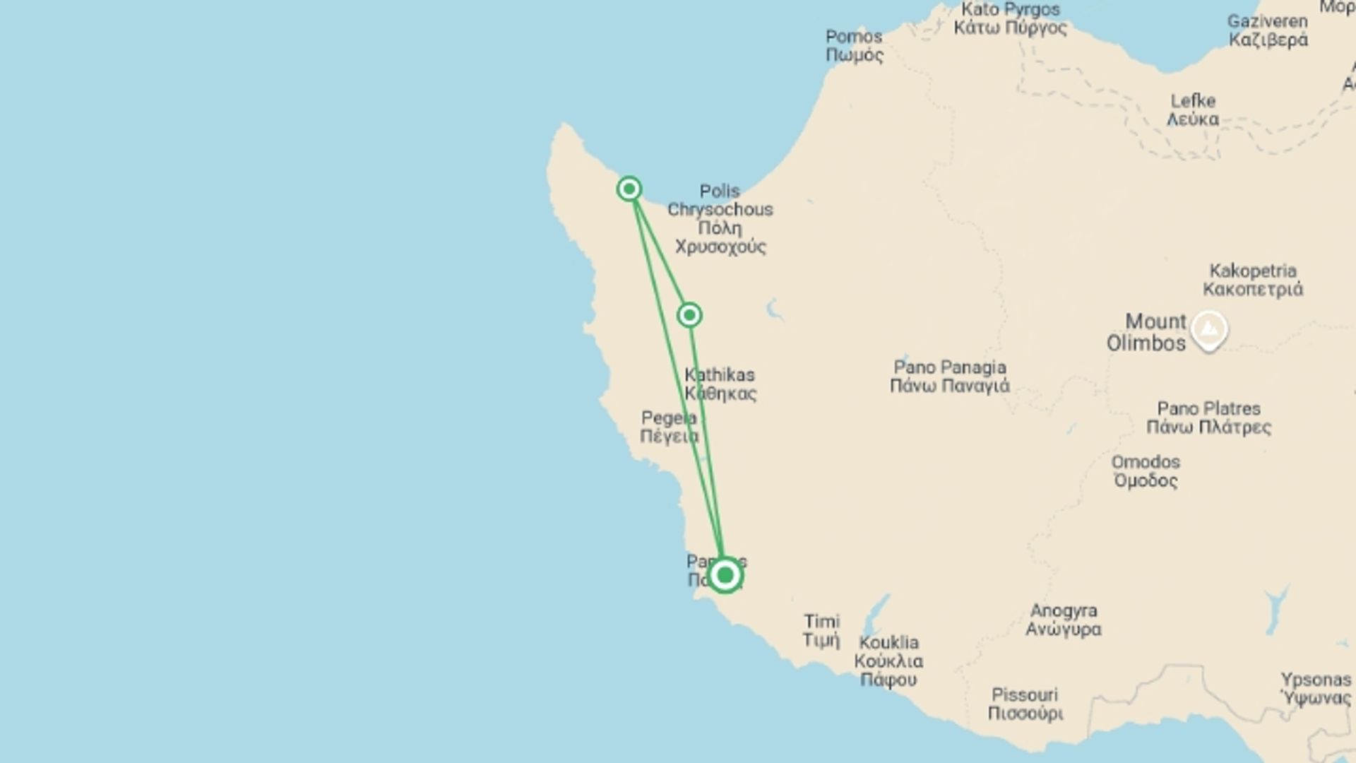 A map showing the tour itinerary for the trip: Cyprus Winter Walking, starting in Paphos, Cyprus and ending in Paphos, Cyprus going through 2 other destinations.