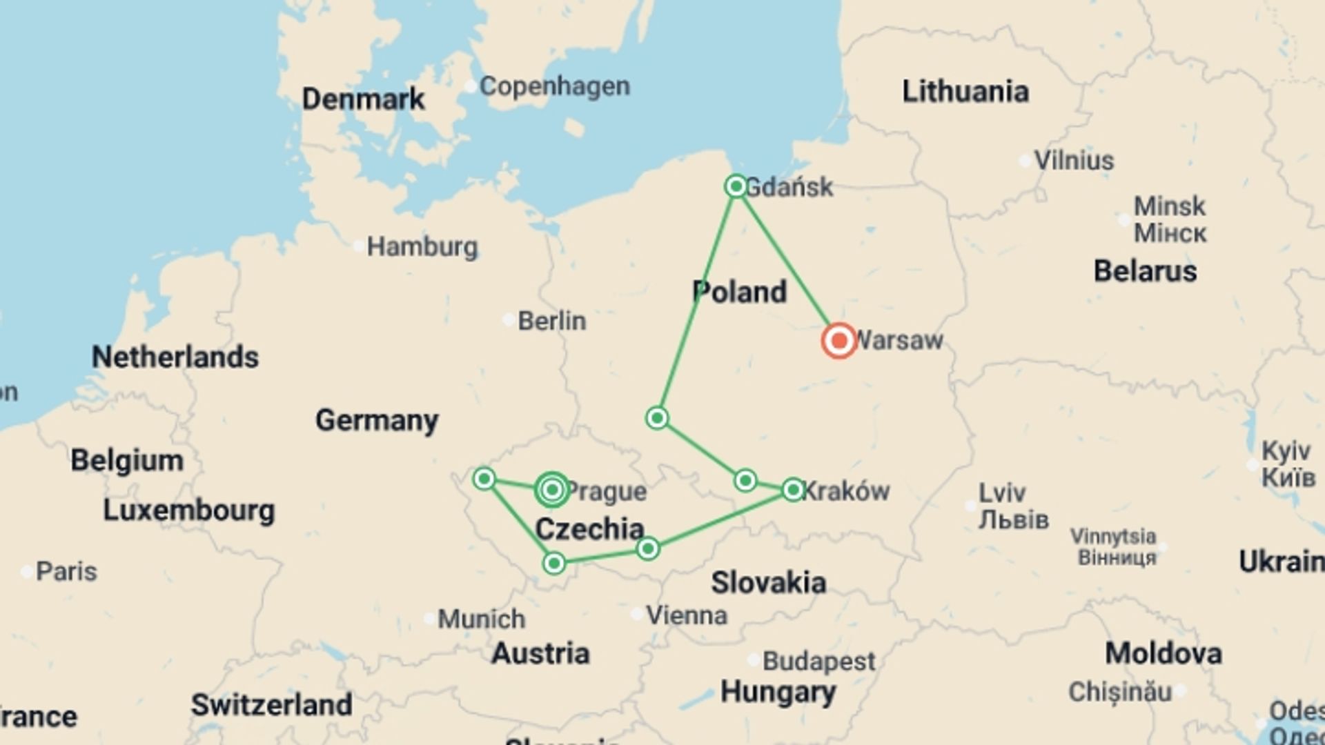 A map showing the tour itinerary for the trip: Czech Pearls and Full Poland, starting in Prague, Czech Republic and ending in Warsaw, Poland going through 4 other destinations.