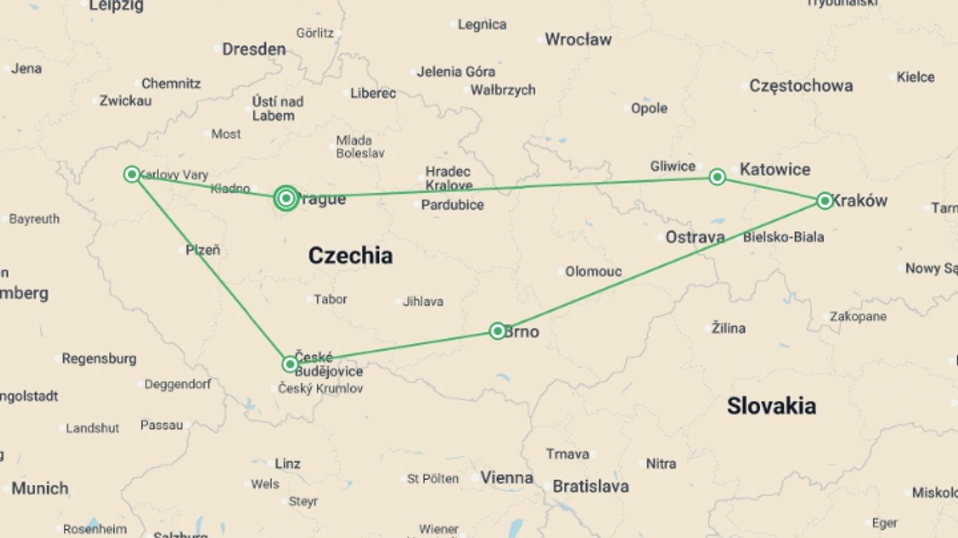 A map showing the tour itinerary for the trip: Czech Pearls and Heart of Poland, starting in Prague, Czech Republic and ending in Prague, Czech Republic going through 2 other destinations.